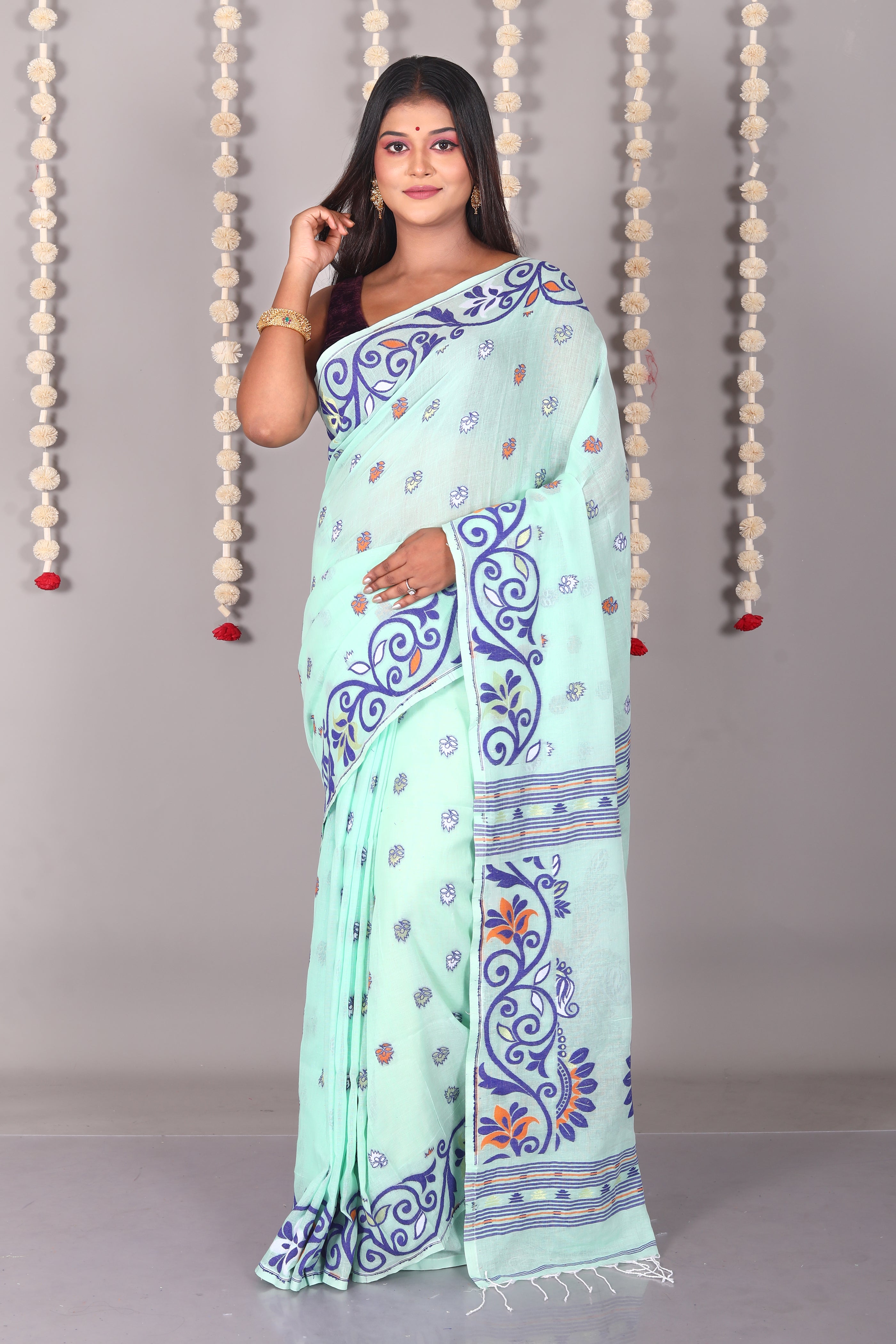 Sea Green Cotton Jamdani Saree - Keya Seth Exclusive