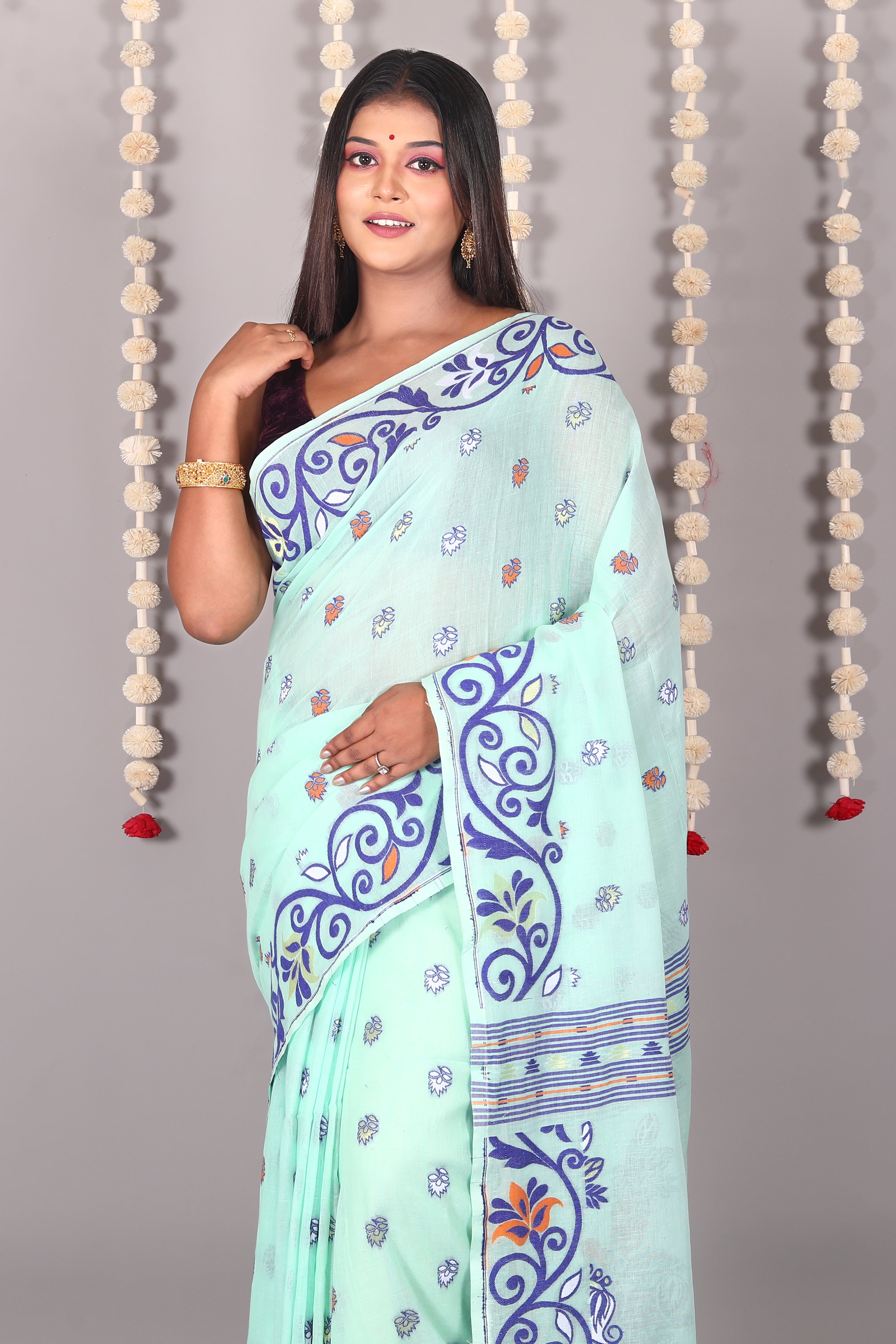 Sea Green Cotton Jamdani Saree - Keya Seth Exclusive
