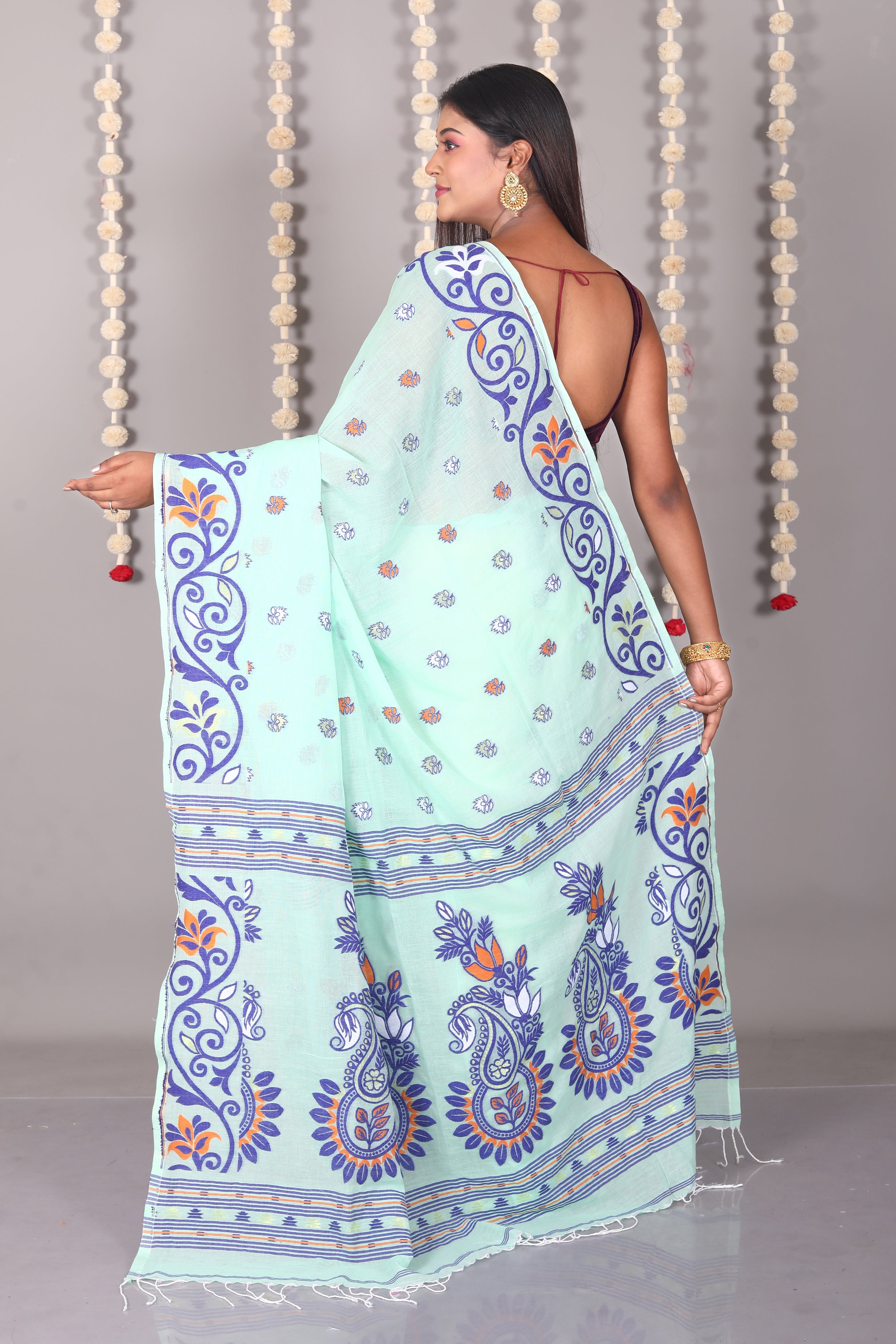 Sea Green Cotton Jamdani Saree - Keya Seth Exclusive