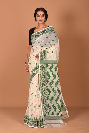 White and Green Jamdani Saree - Keya Seth Exclusive