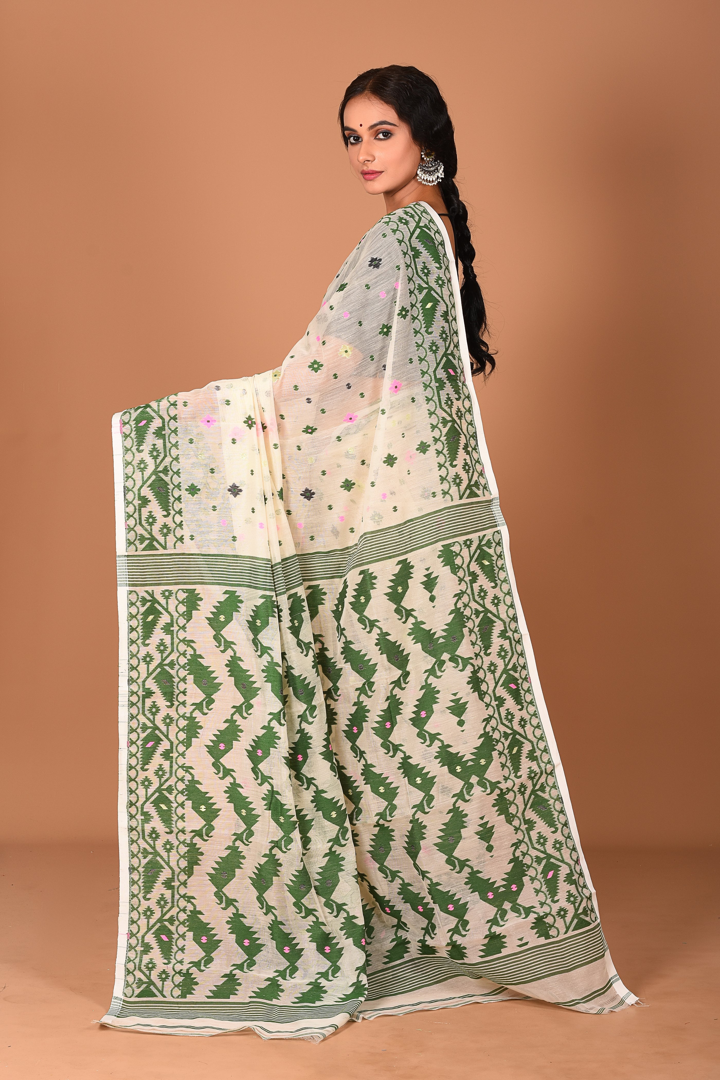 White and Green Jamdani Saree - Keya Seth Exclusive