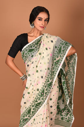 White and Green Jamdani Saree - Keya Seth Exclusive