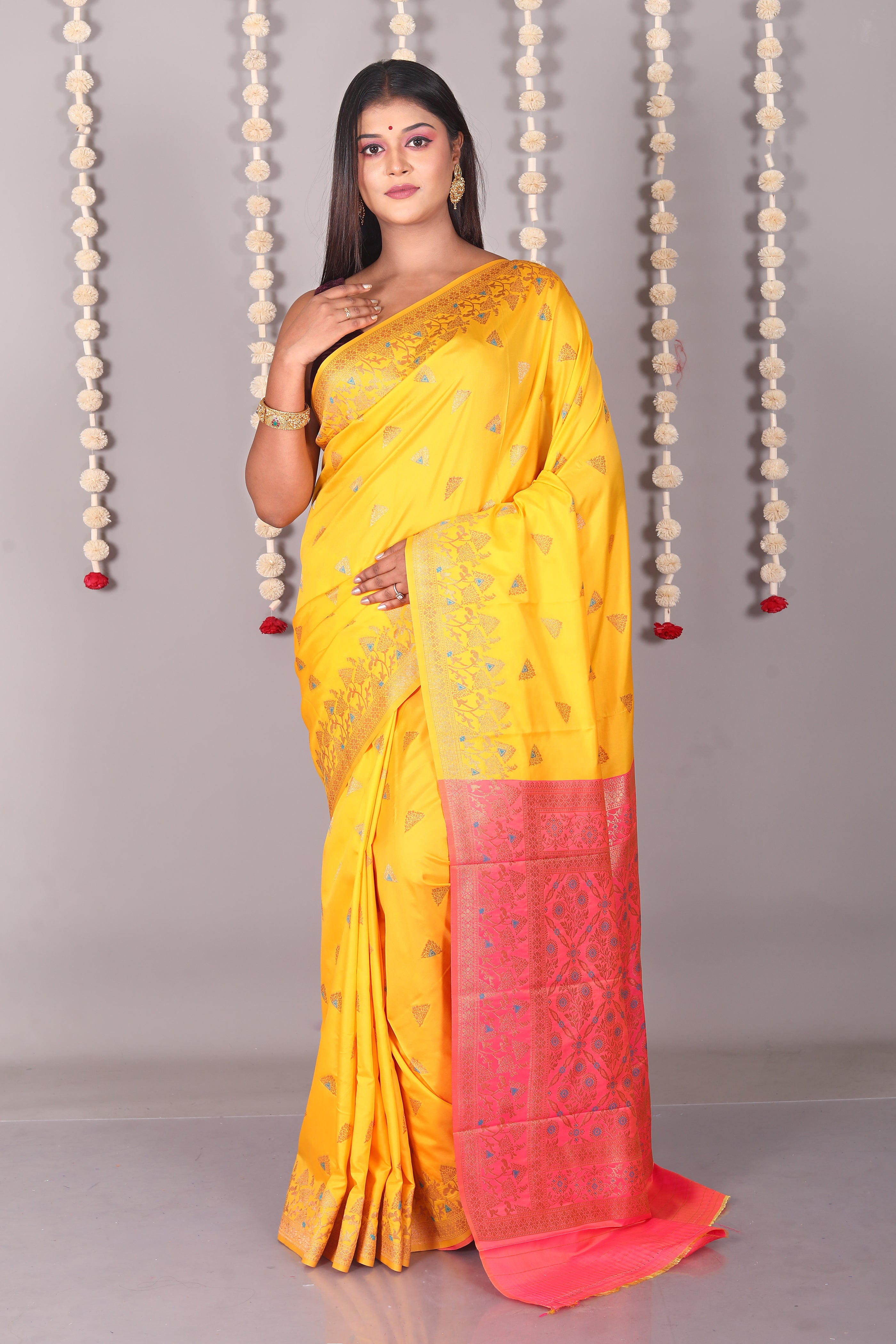 Yellow Blended Satin Silk Saree - Keya Seth Exclusive