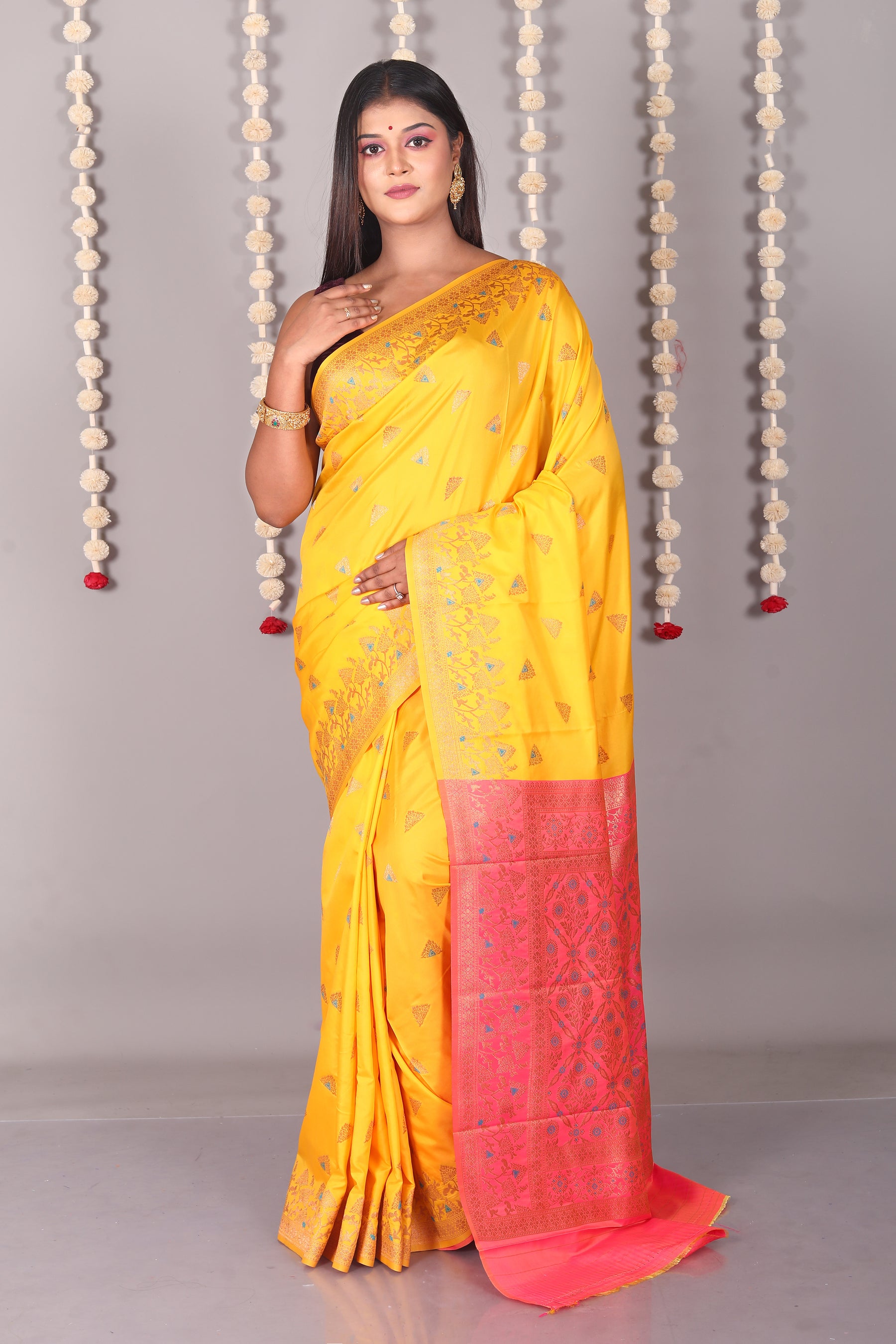 Yellow Blended Satin Silk Saree - Keya Seth Exclusive
