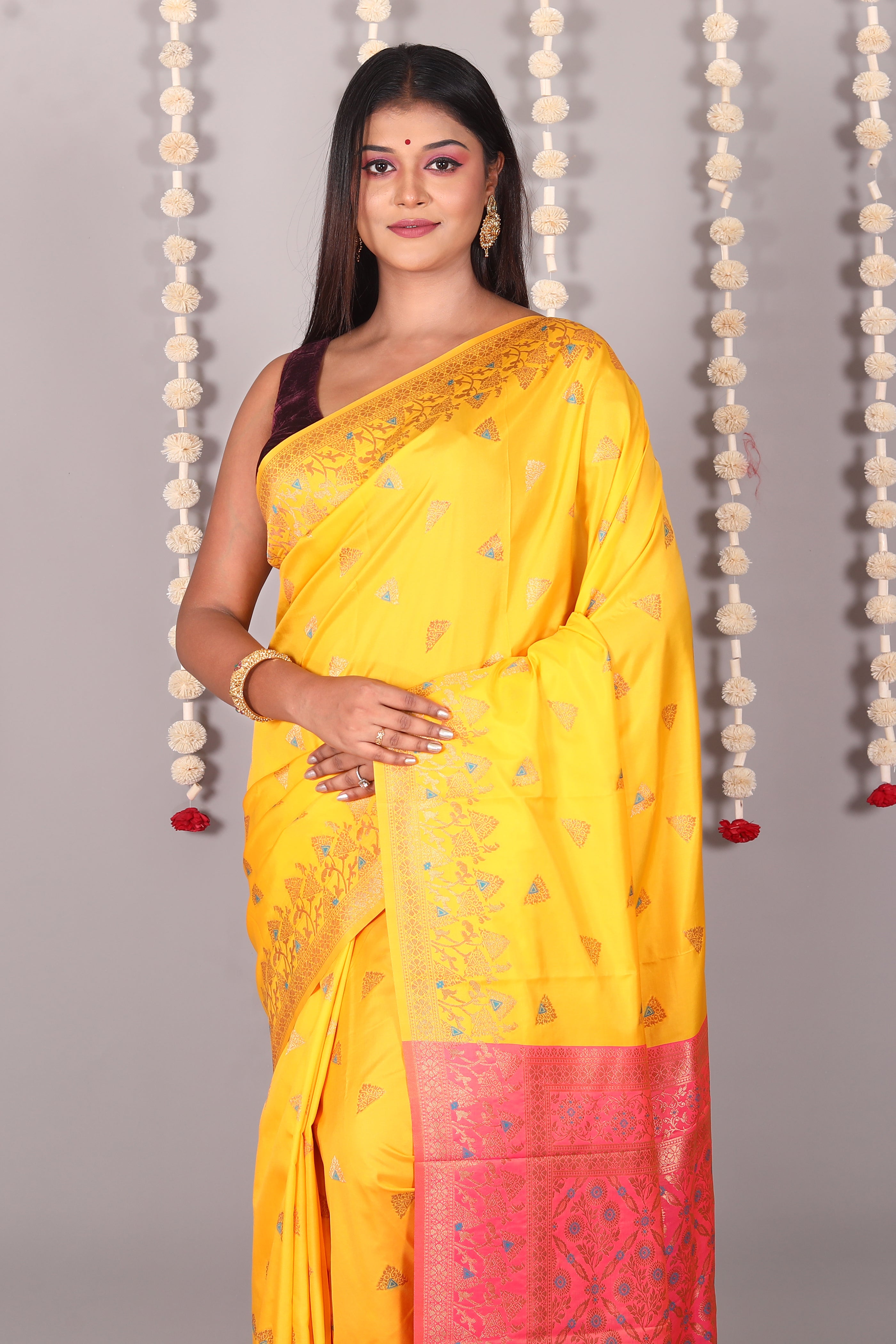 Yellow Blended Satin Silk Saree - Keya Seth Exclusive
