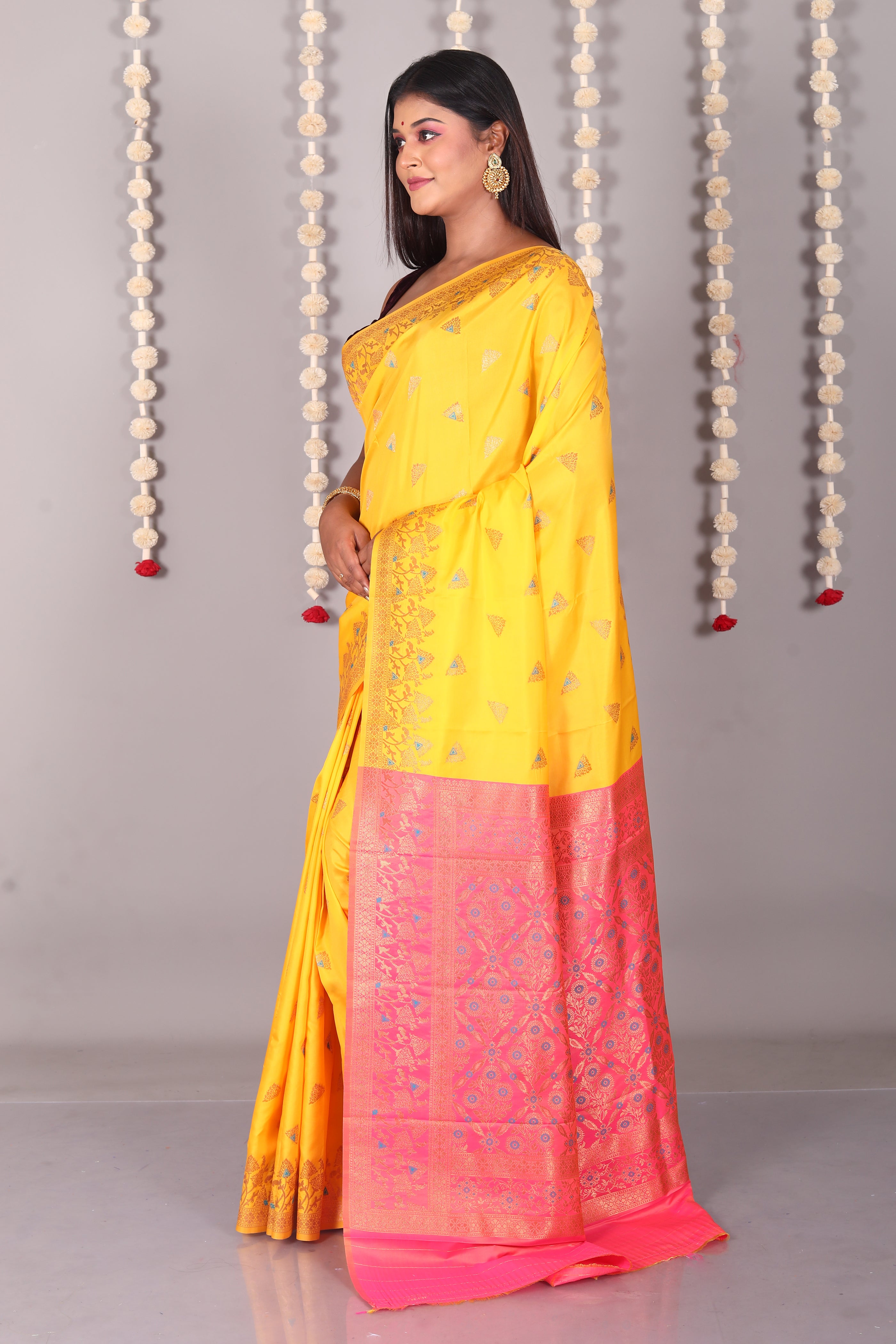 Yellow Blended Satin Silk Saree - Keya Seth Exclusive