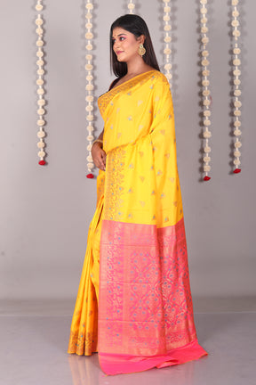 Yellow Blended Satin Silk Saree - Keya Seth Exclusive