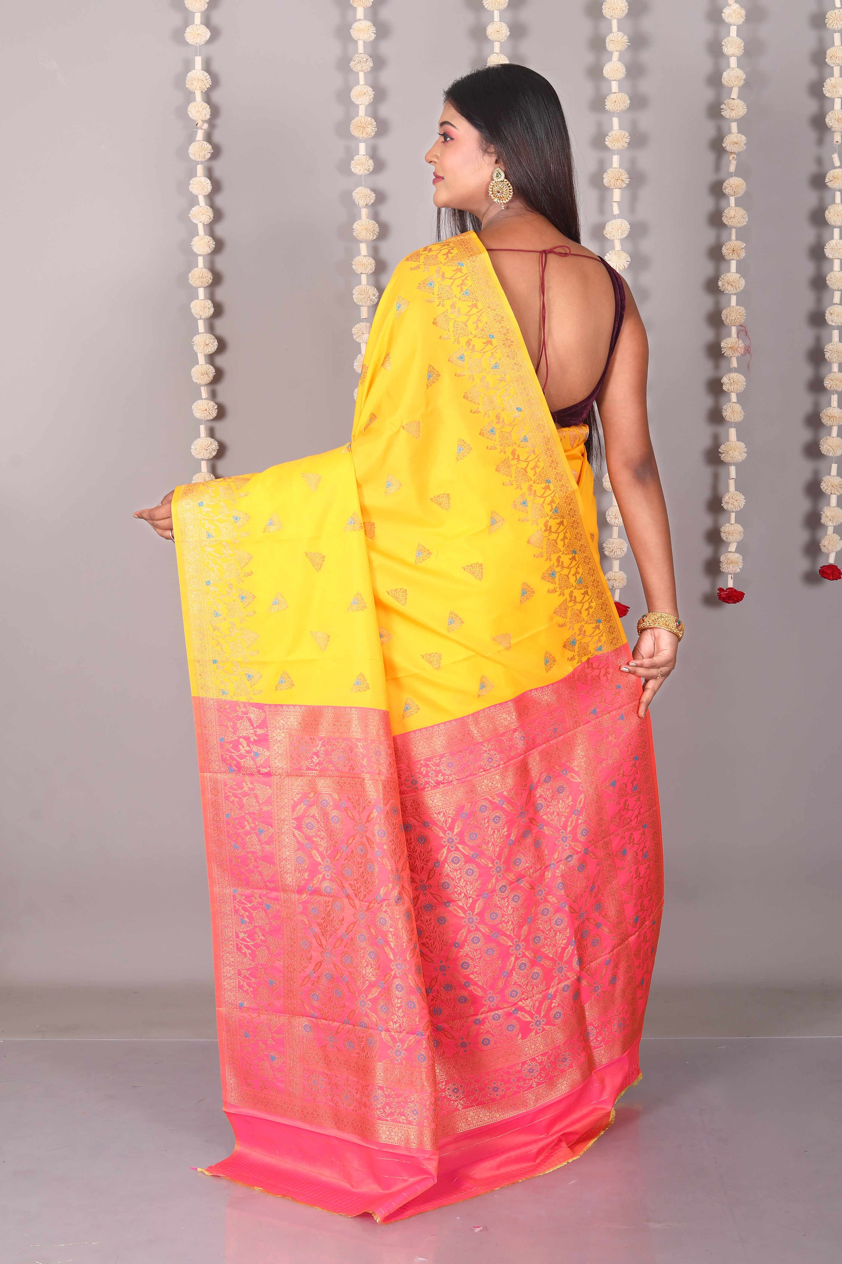 Yellow Blended Satin Silk Saree - Keya Seth Exclusive