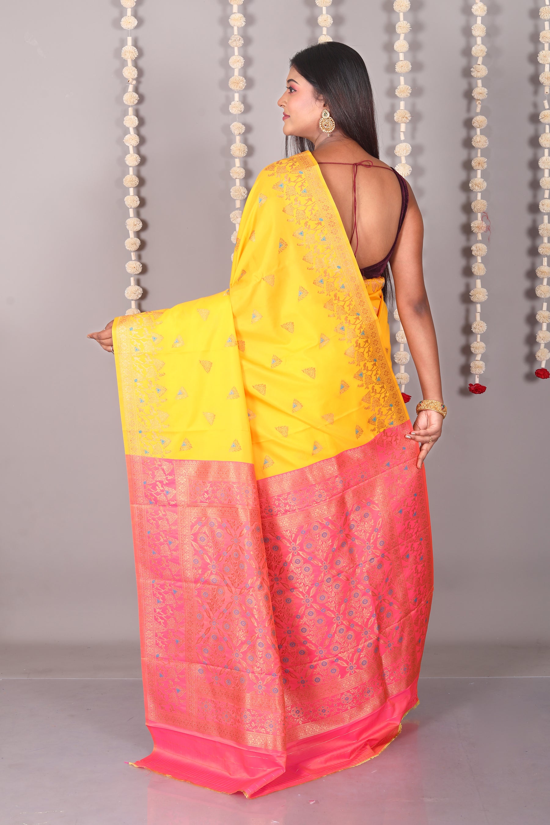 Yellow Blended Satin Silk Saree - Keya Seth Exclusive