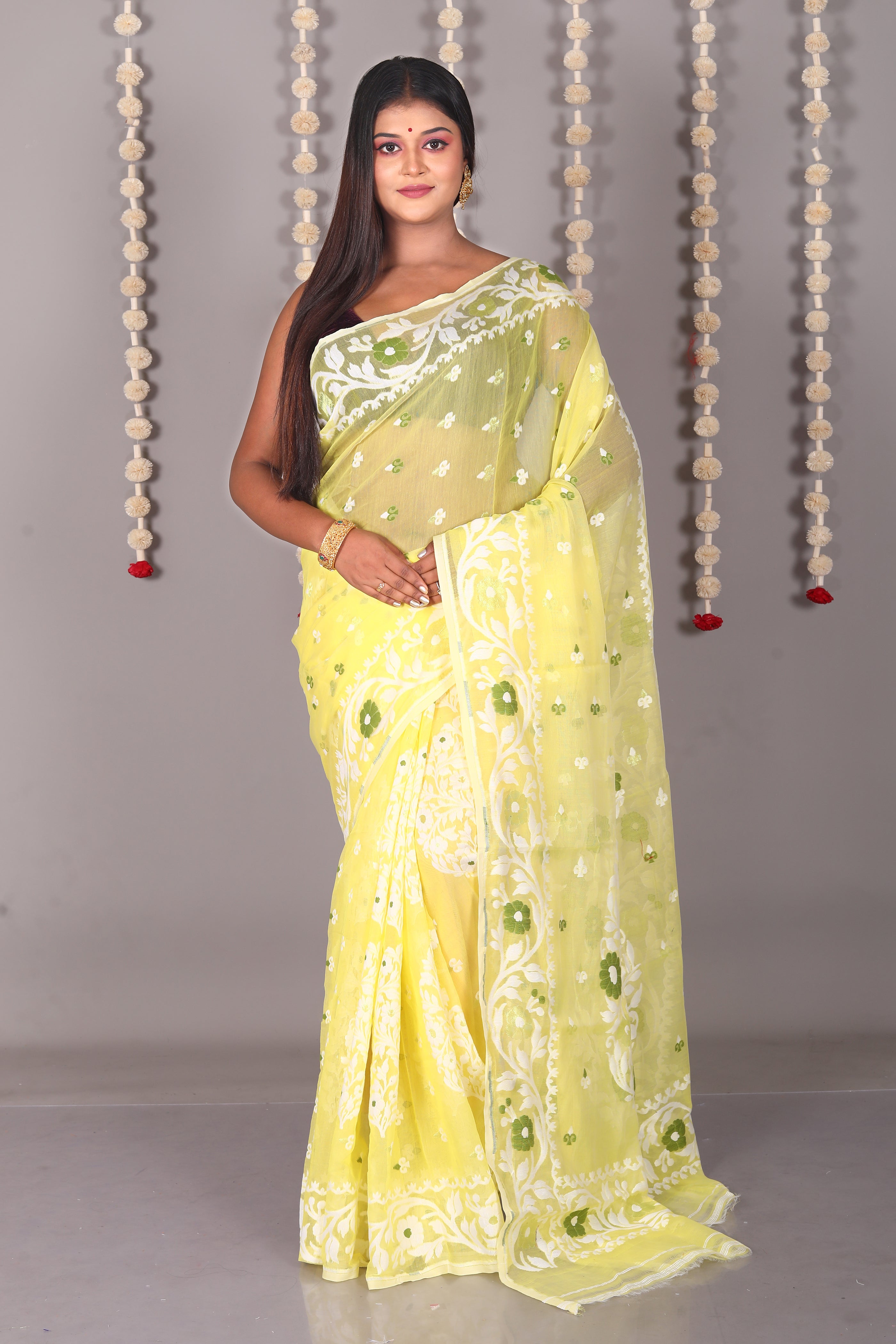 Lemon Yellow Cotton Jamdani Saree - Keya Seth Exclusive