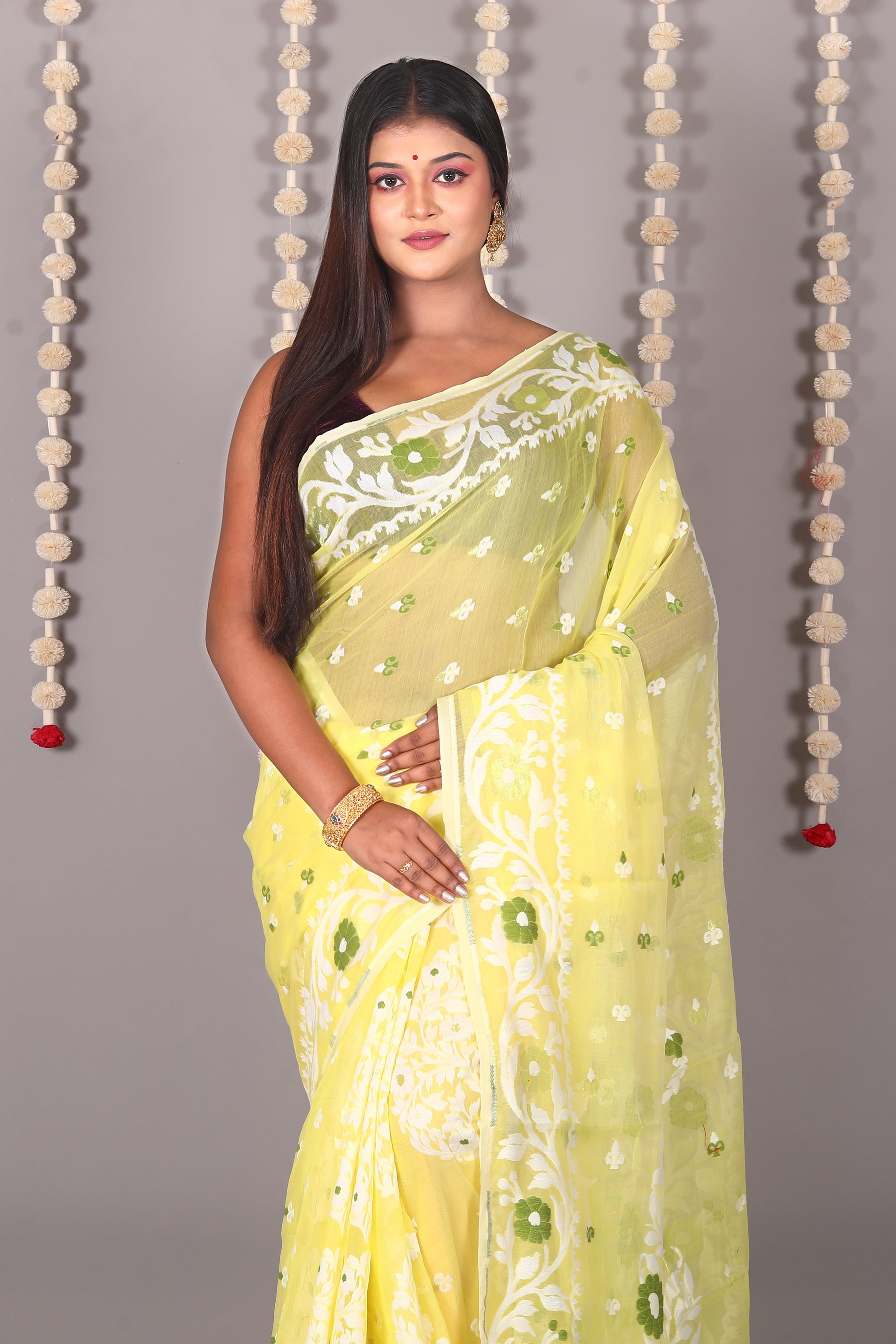 Lemon Yellow Cotton Jamdani Saree - Keya Seth Exclusive