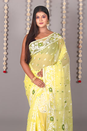 Lemon Yellow Cotton Jamdani Saree - Keya Seth Exclusive