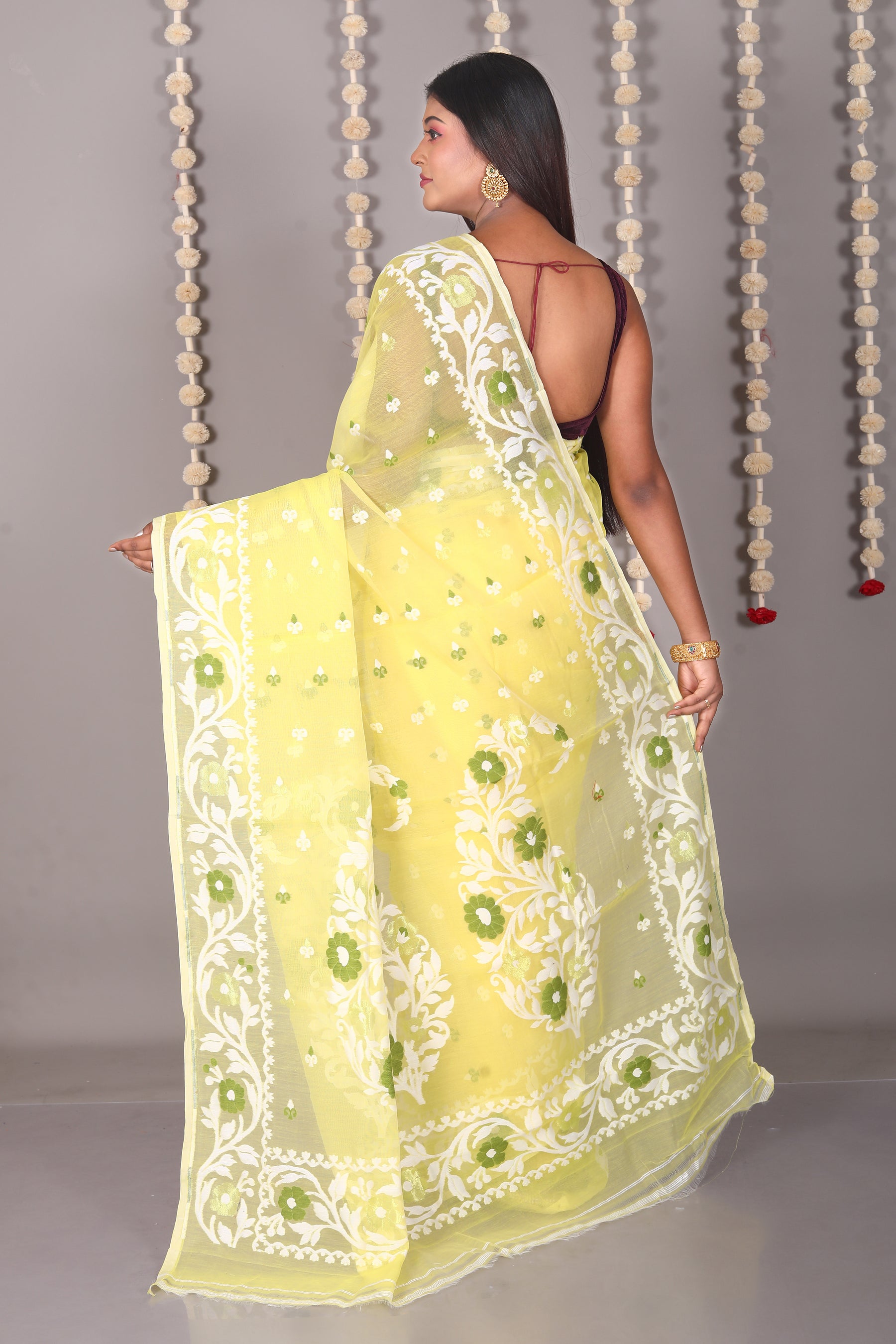 Lemon Yellow Cotton Jamdani Saree - Keya Seth Exclusive