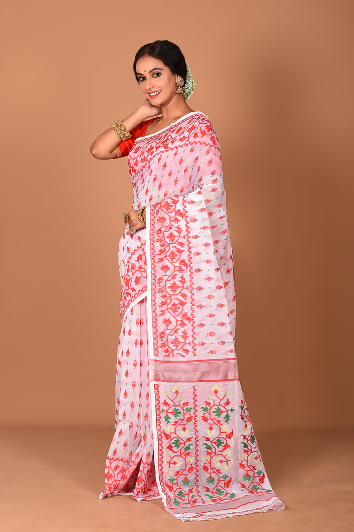 White and Red Jamdami Saree - Keya Seth Exclusive