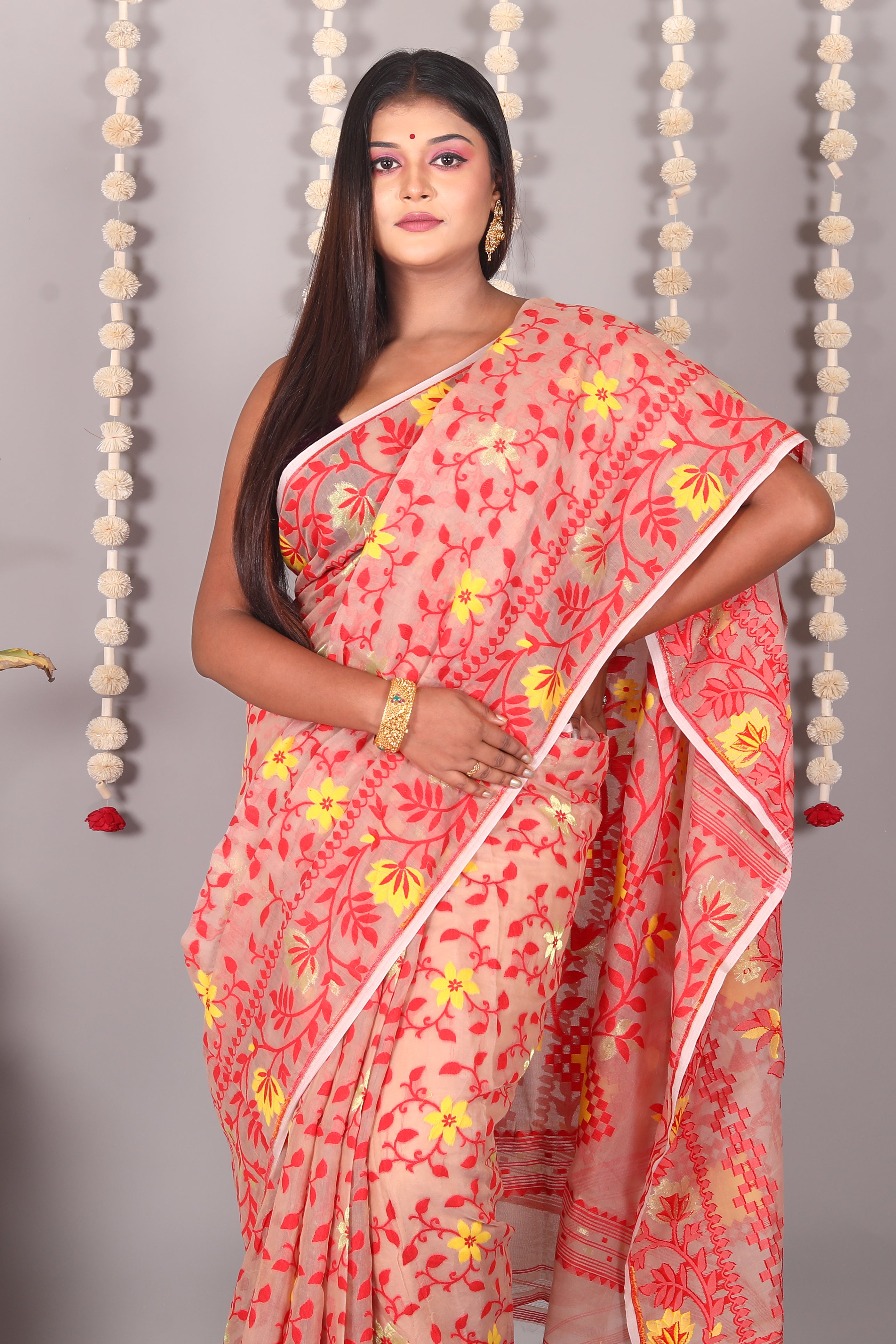 Light Brown Cotton Jamdani Saree - Keya Seth Exclusive