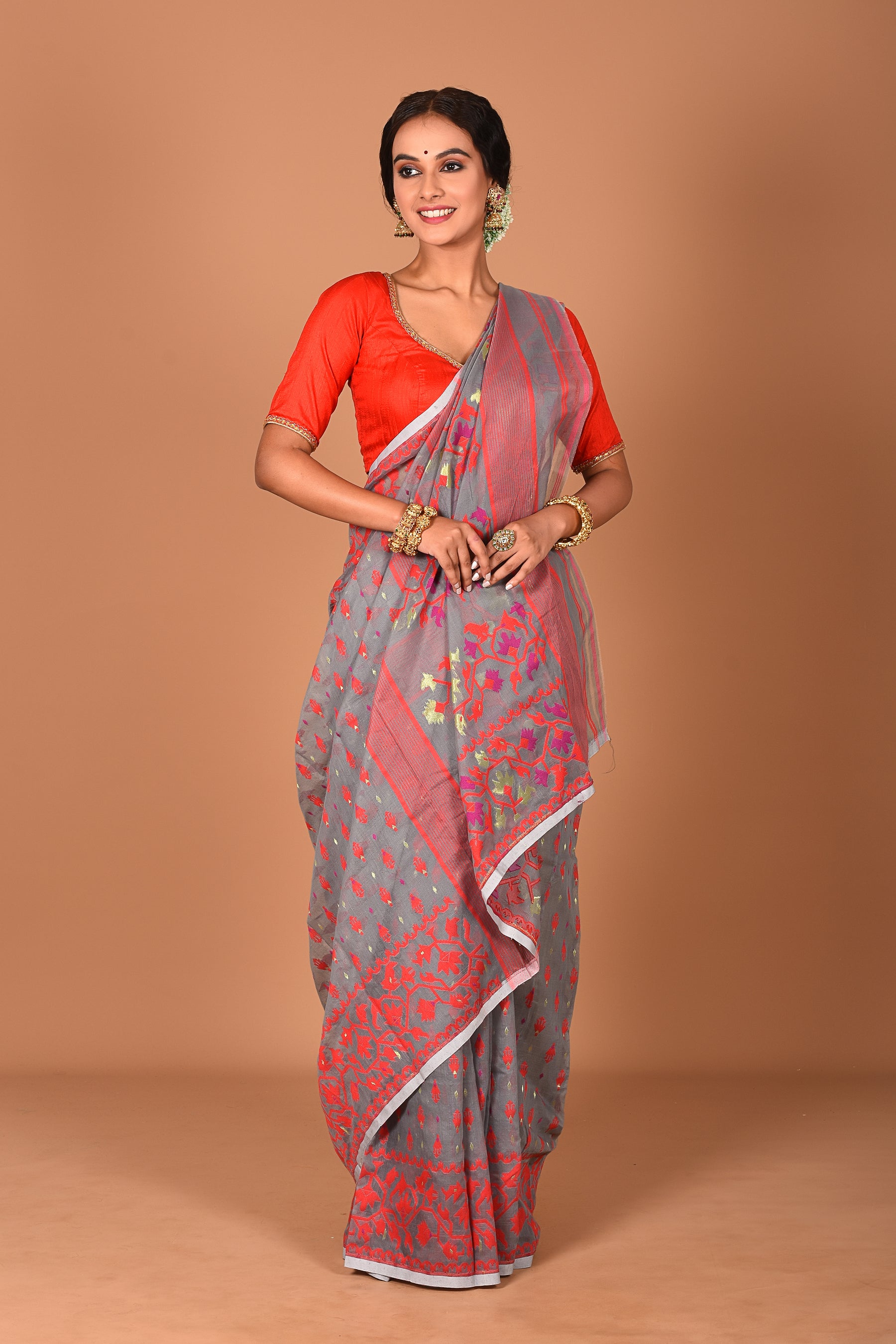 Grey and Red Jamdani Saree - Keya Seth Exclusive