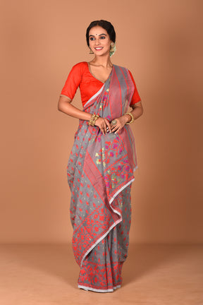 Grey and Red Jamdani Saree - Keya Seth Exclusive