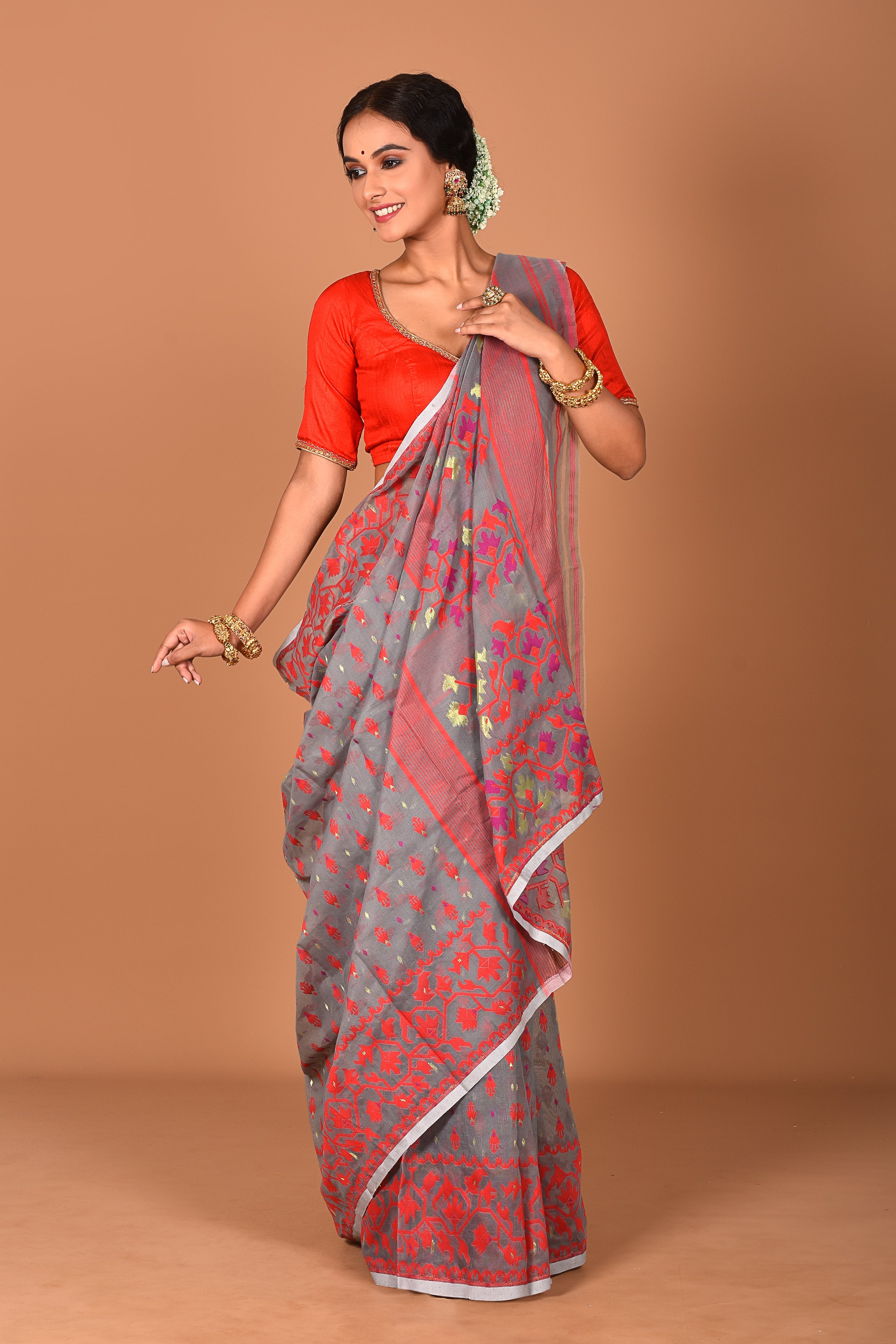 Grey and Red Jamdani Saree - Keya Seth Exclusive