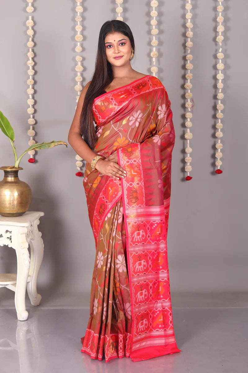 Brown Dual Tone Blended Ikkat Silk Saree - Keya Seth Exclusive