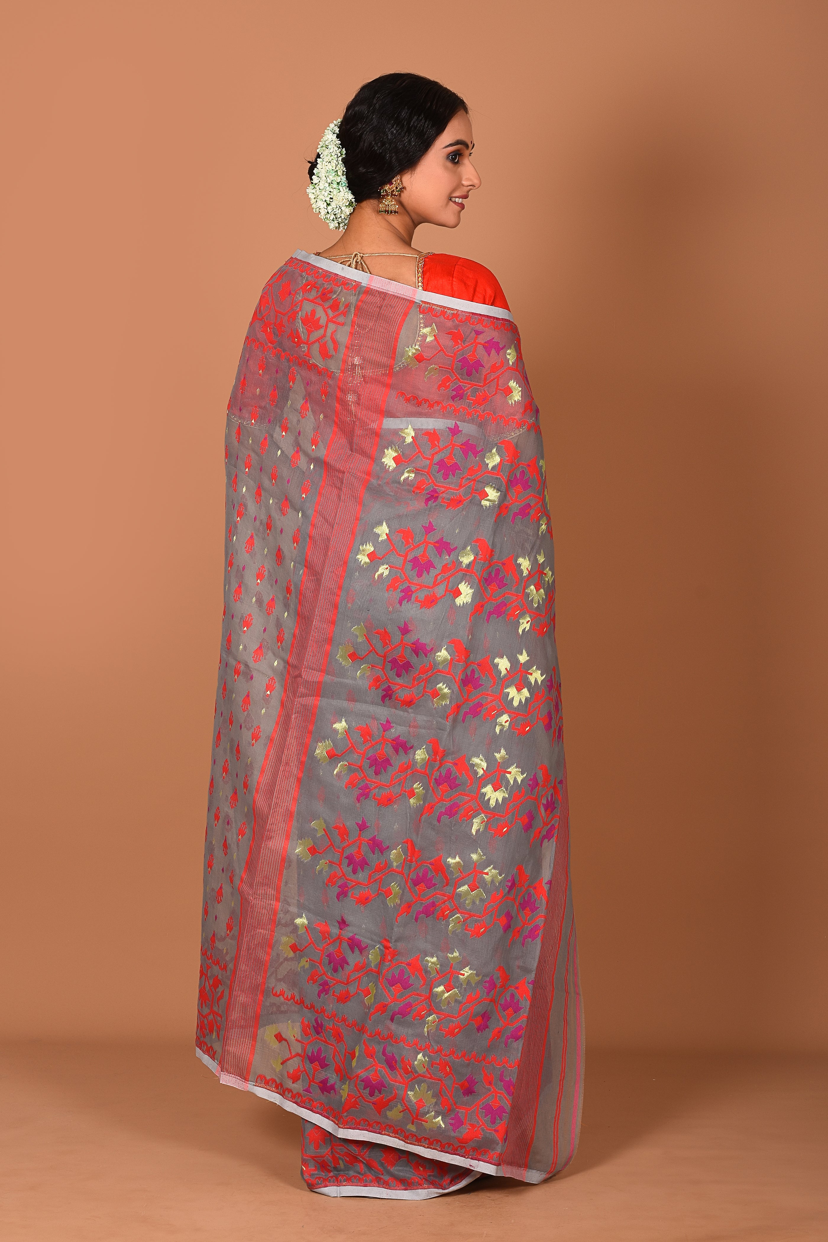 Grey and Red Jamdani Saree - Keya Seth Exclusive