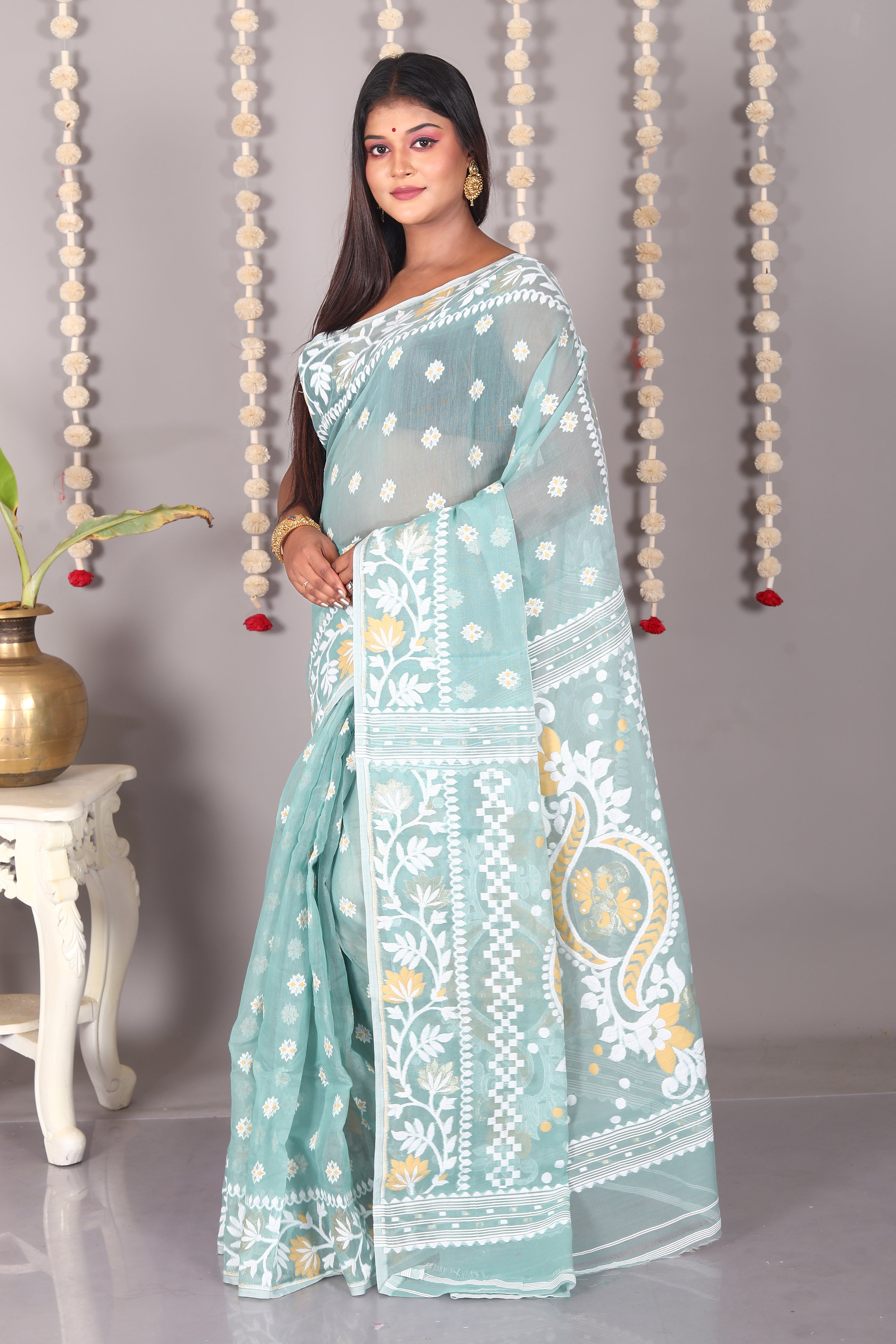 Light Green Cotton Jamdani Saree - Keya Seth Exclusive
