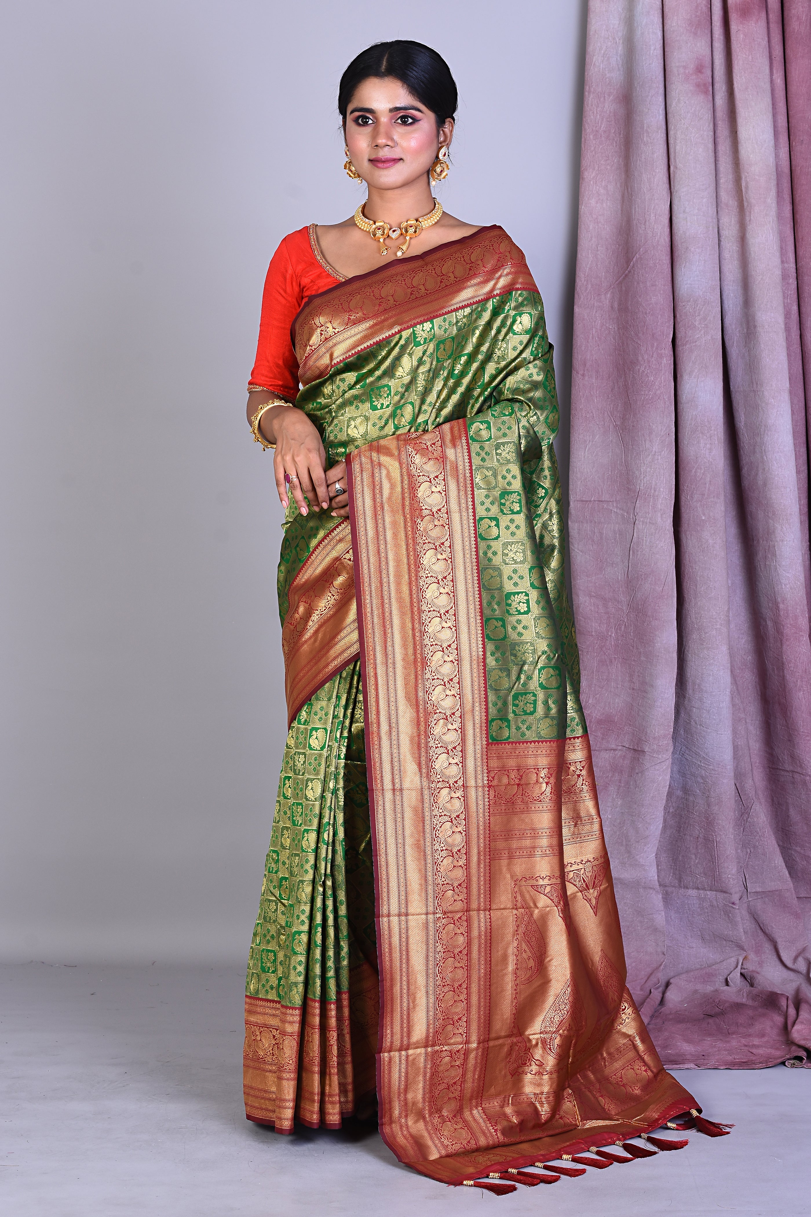 Bottle Green Dola Silk Saree with Red Borders - Keya Seth Exclusive