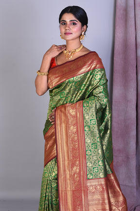 Bottle Green Dola Silk Saree with Red Borders - Keya Seth Exclusive