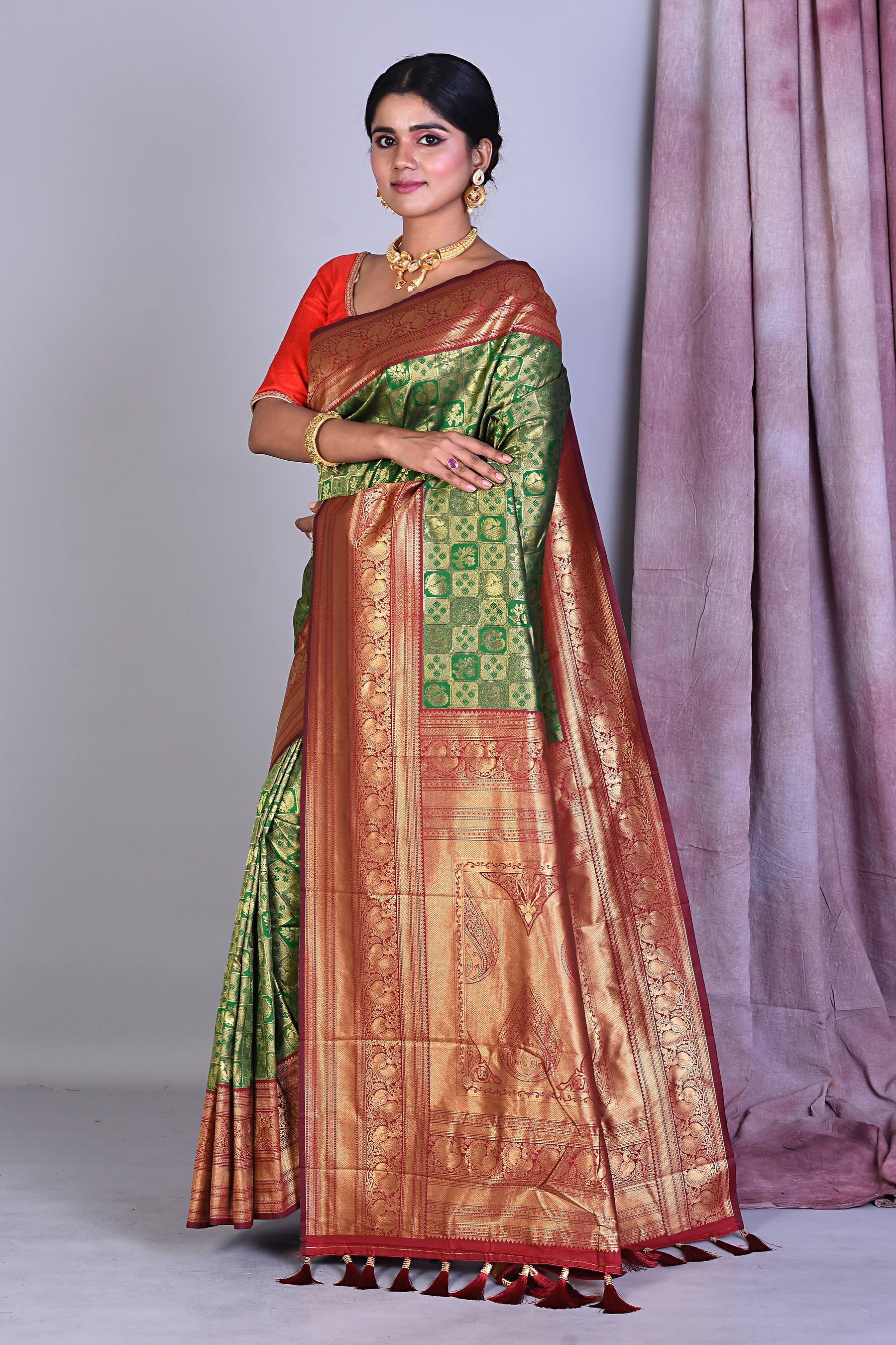 Bottle Green Dola Silk Saree with Red Borders - Keya Seth Exclusive