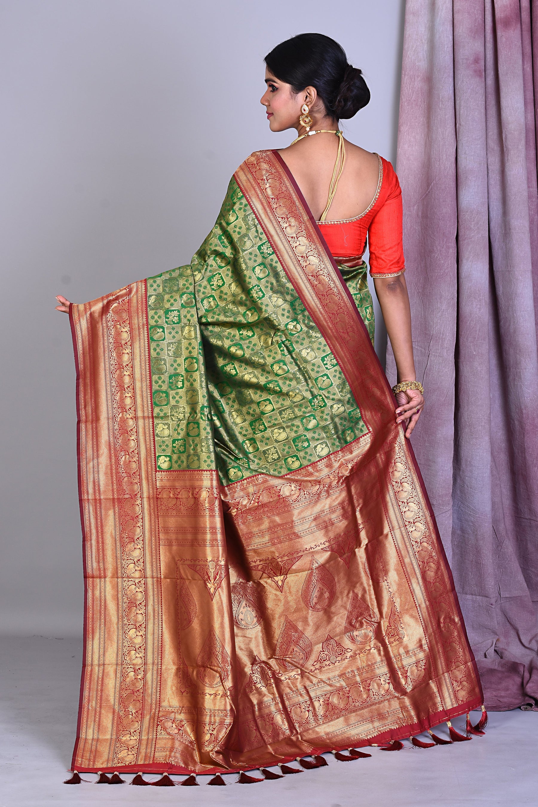 Bottle Green Dola Silk Saree with Red Borders - Keya Seth Exclusive