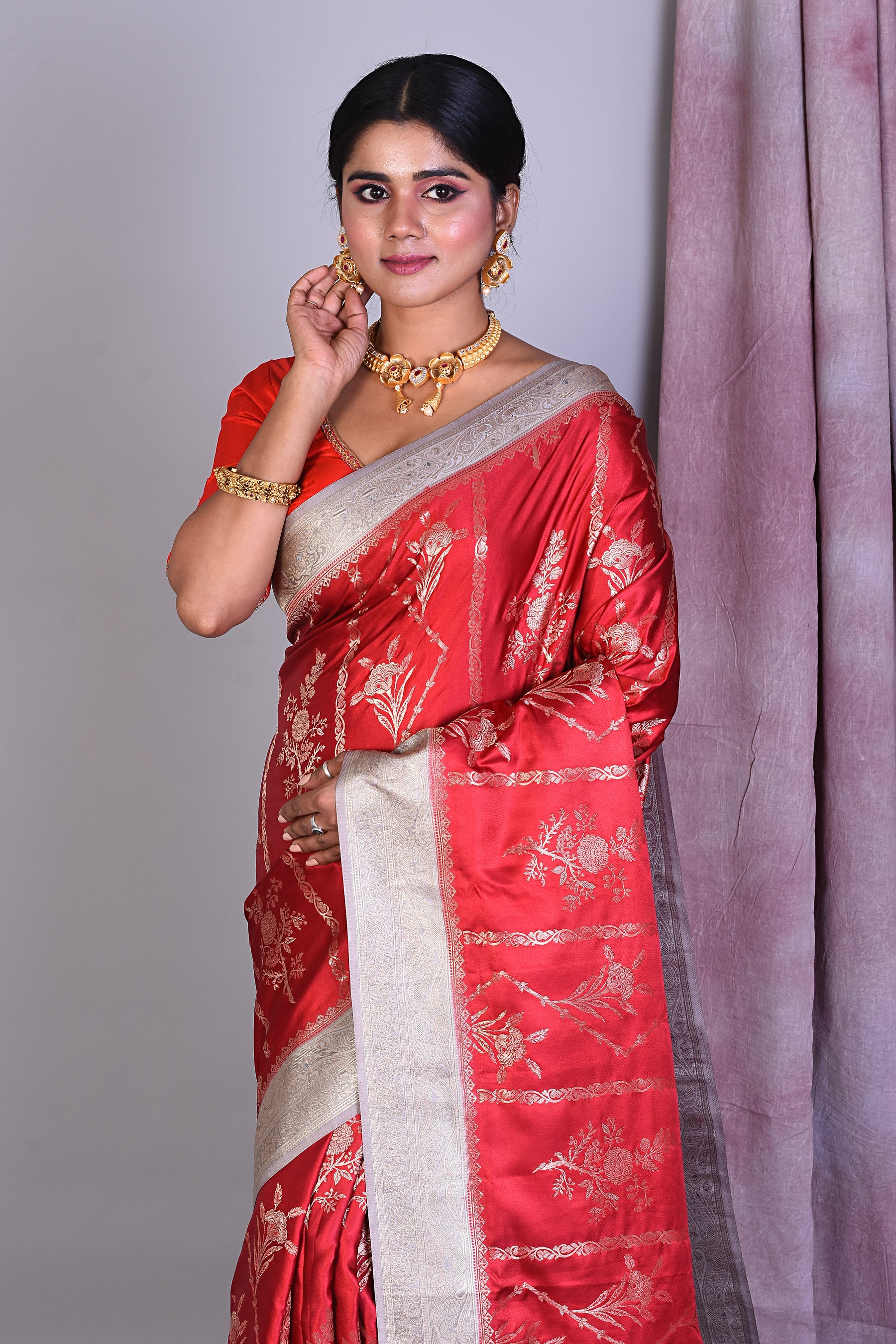 Red Art Silk Saree with Golden Zari - Keya Seth Exclusive