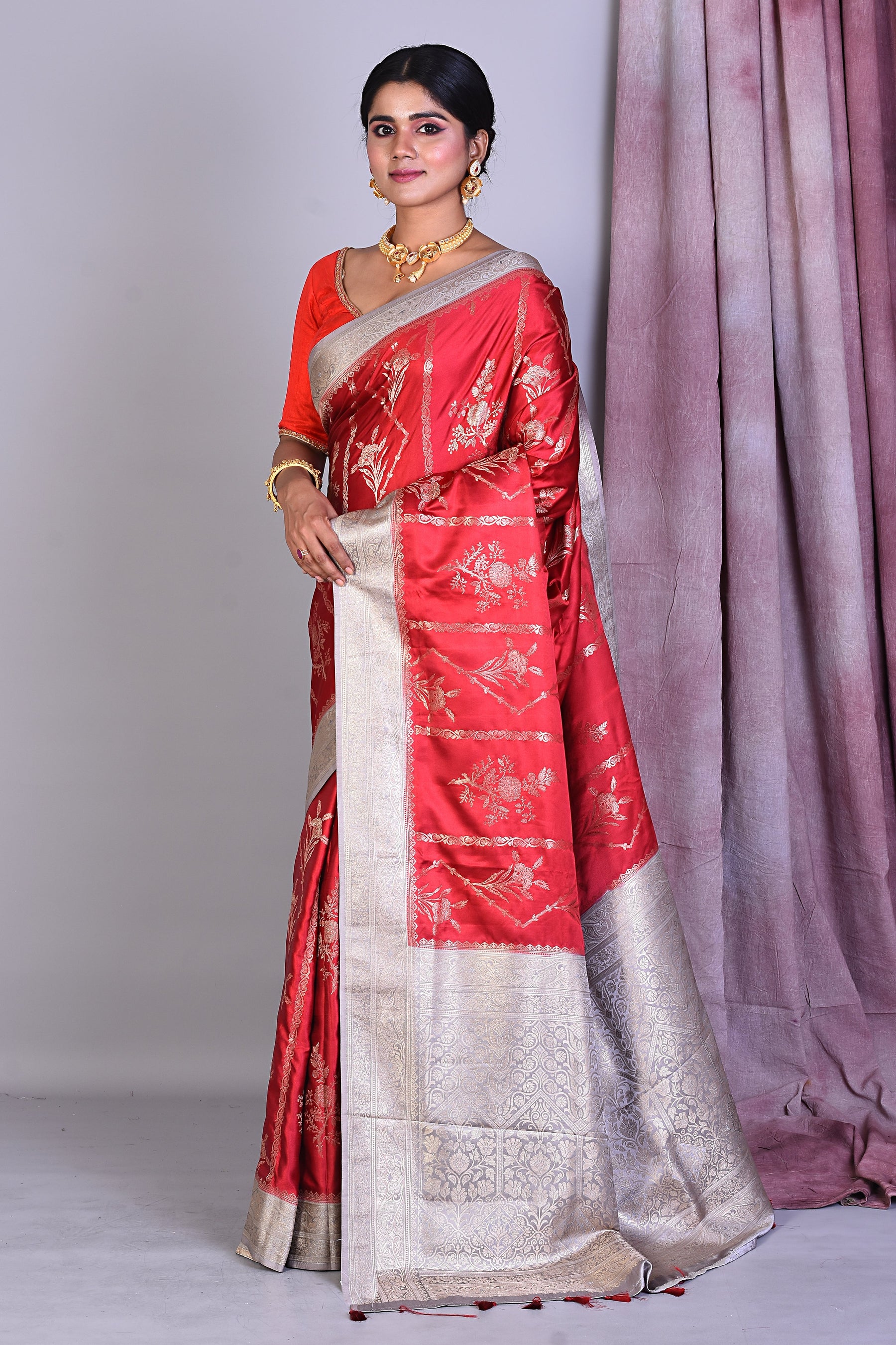 Red Art Silk Saree with Golden Zari - Keya Seth Exclusive