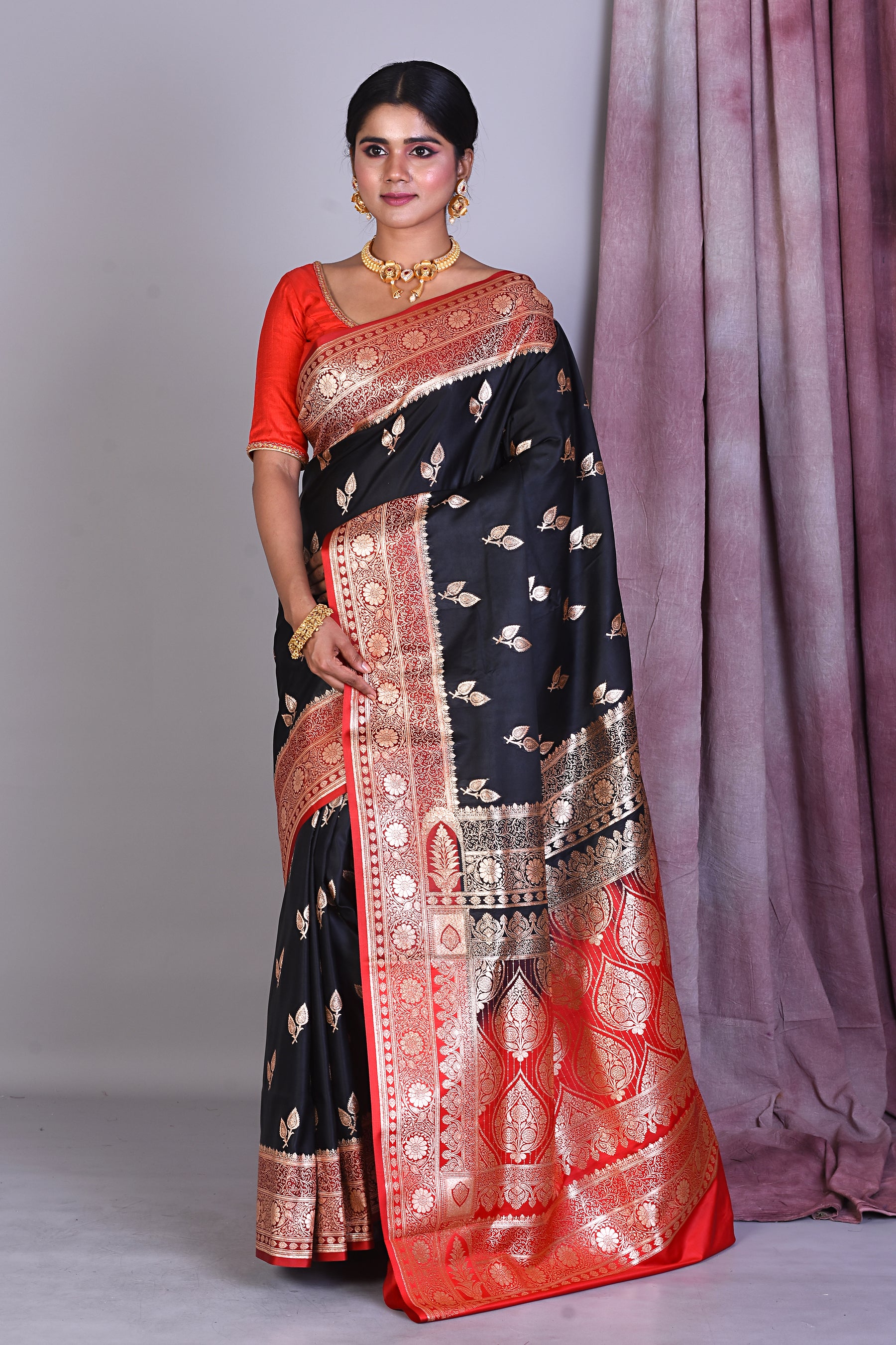 Black Semi Katan Saree with Red Borders - Keya Seth Exclusive