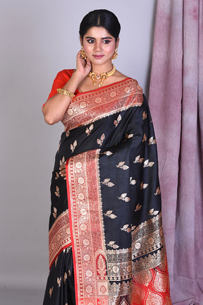 Black Semi Katan Saree with Red Borders - Keya Seth Exclusive