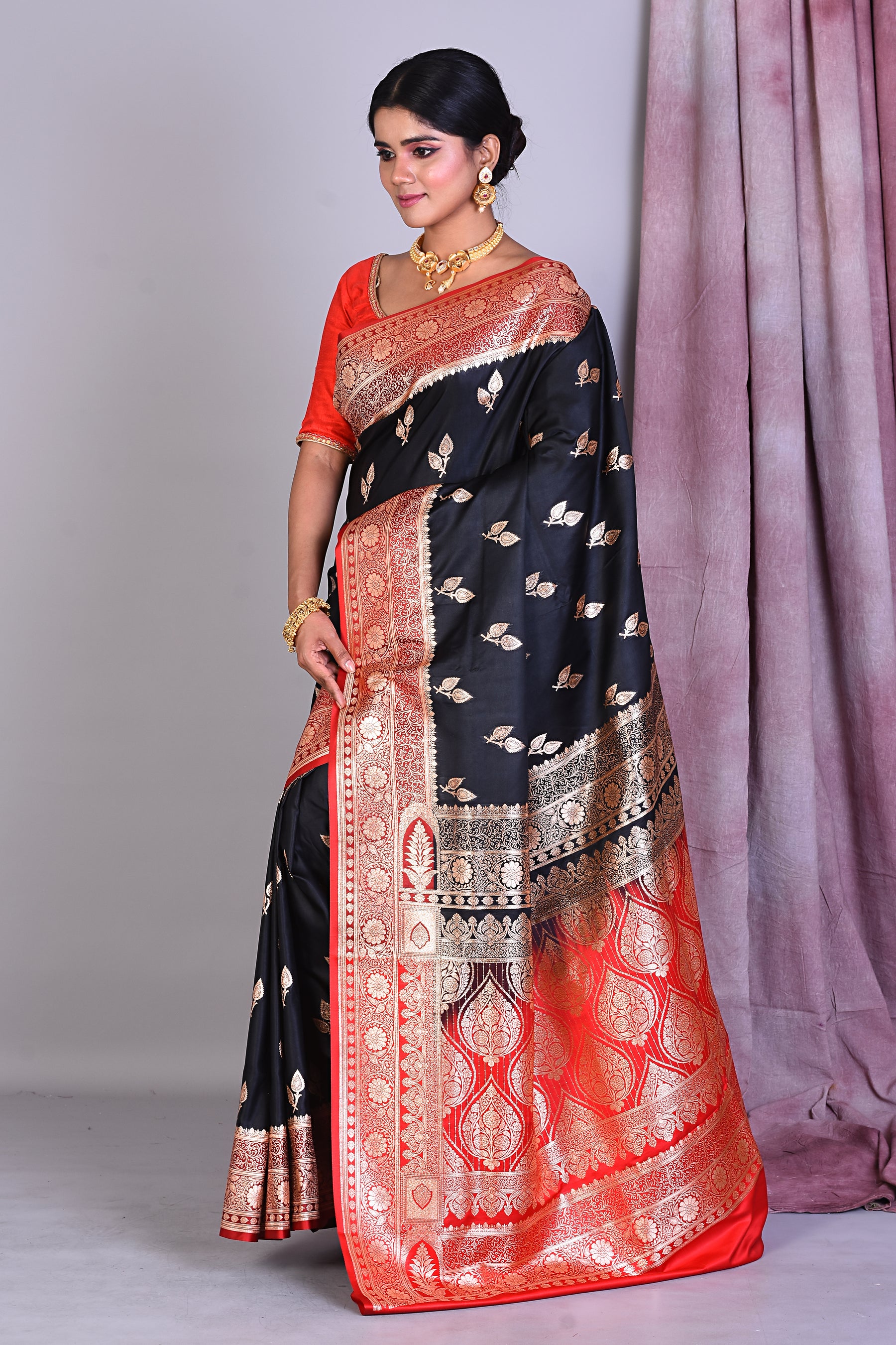 Black Semi Katan Saree with Red Borders - Keya Seth Exclusive