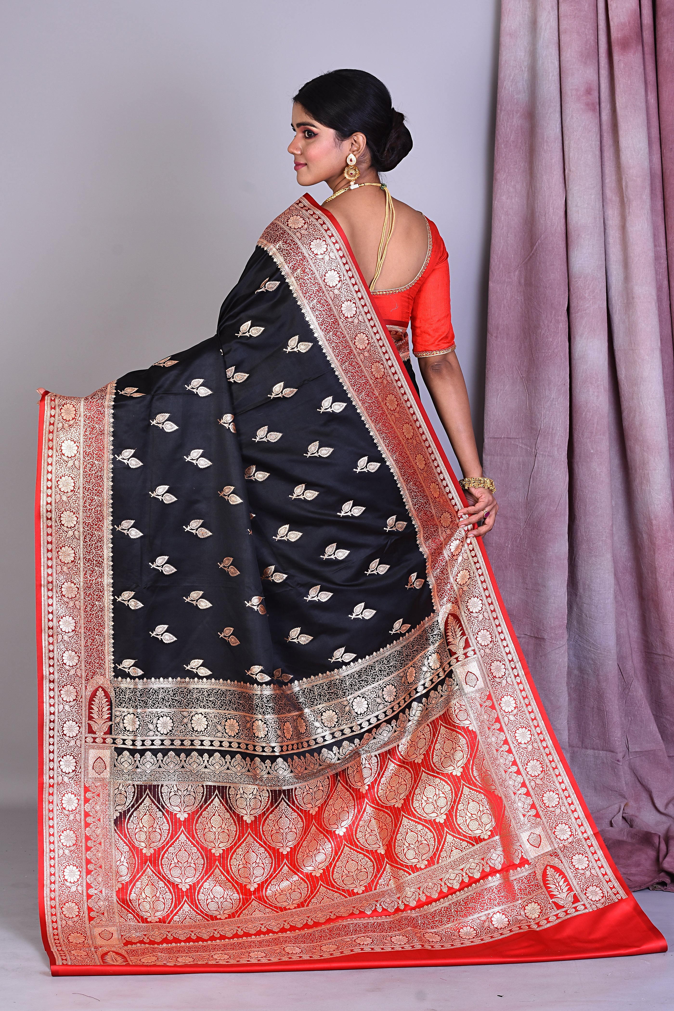 Black Semi Katan Saree with Red Borders - Keya Seth Exclusive