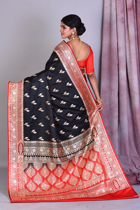 Black Semi Katan Saree with Red Borders - Keya Seth Exclusive