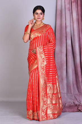 Red Blended Cotton Saree with Golden Zari - Keya Seth Exclusive