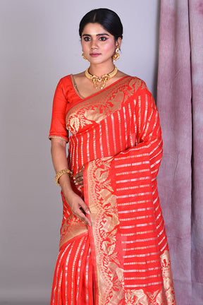 Red Blended Cotton Saree with Golden Zari - Keya Seth Exclusive