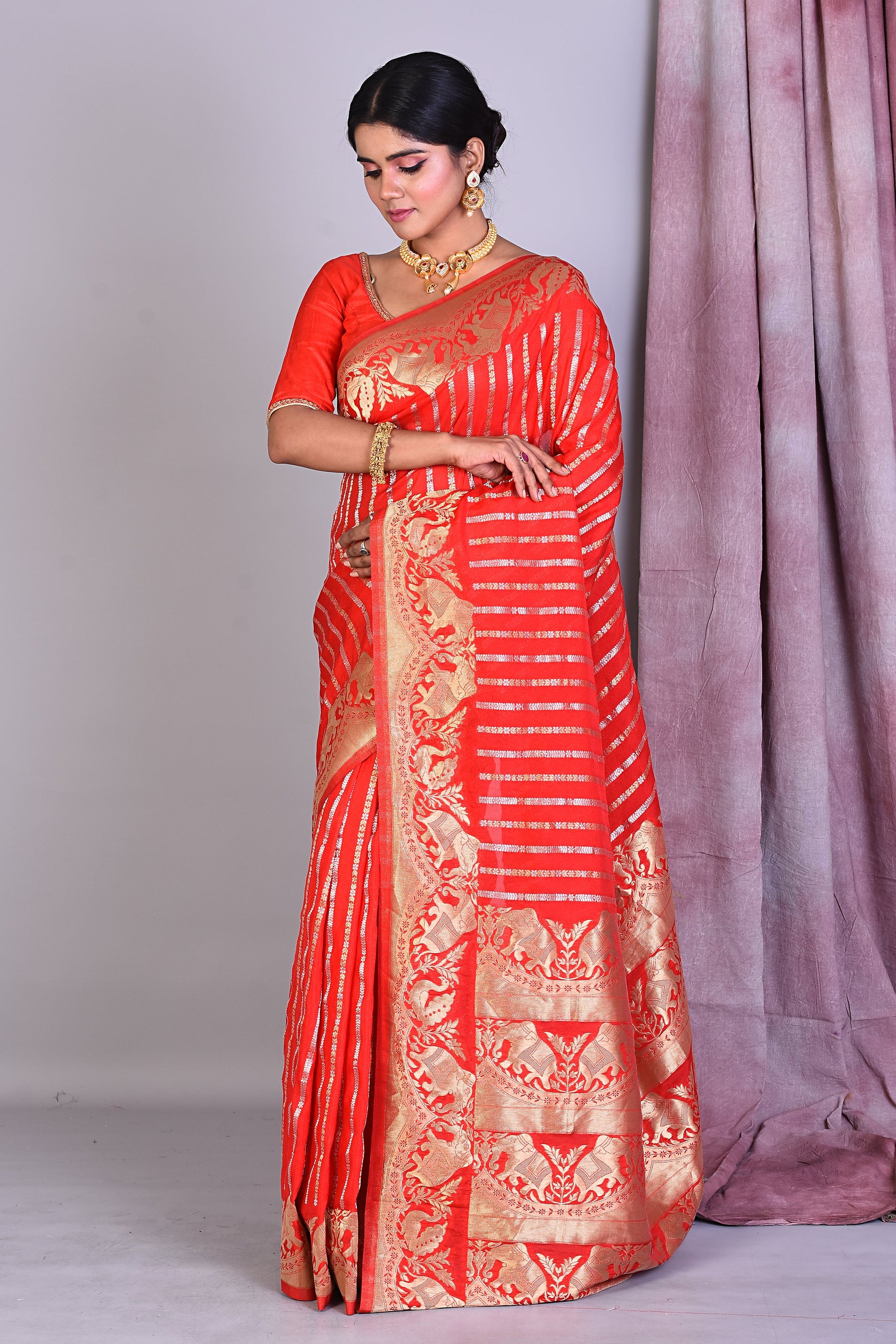 Red Blended Cotton Saree with Golden Zari - Keya Seth Exclusive