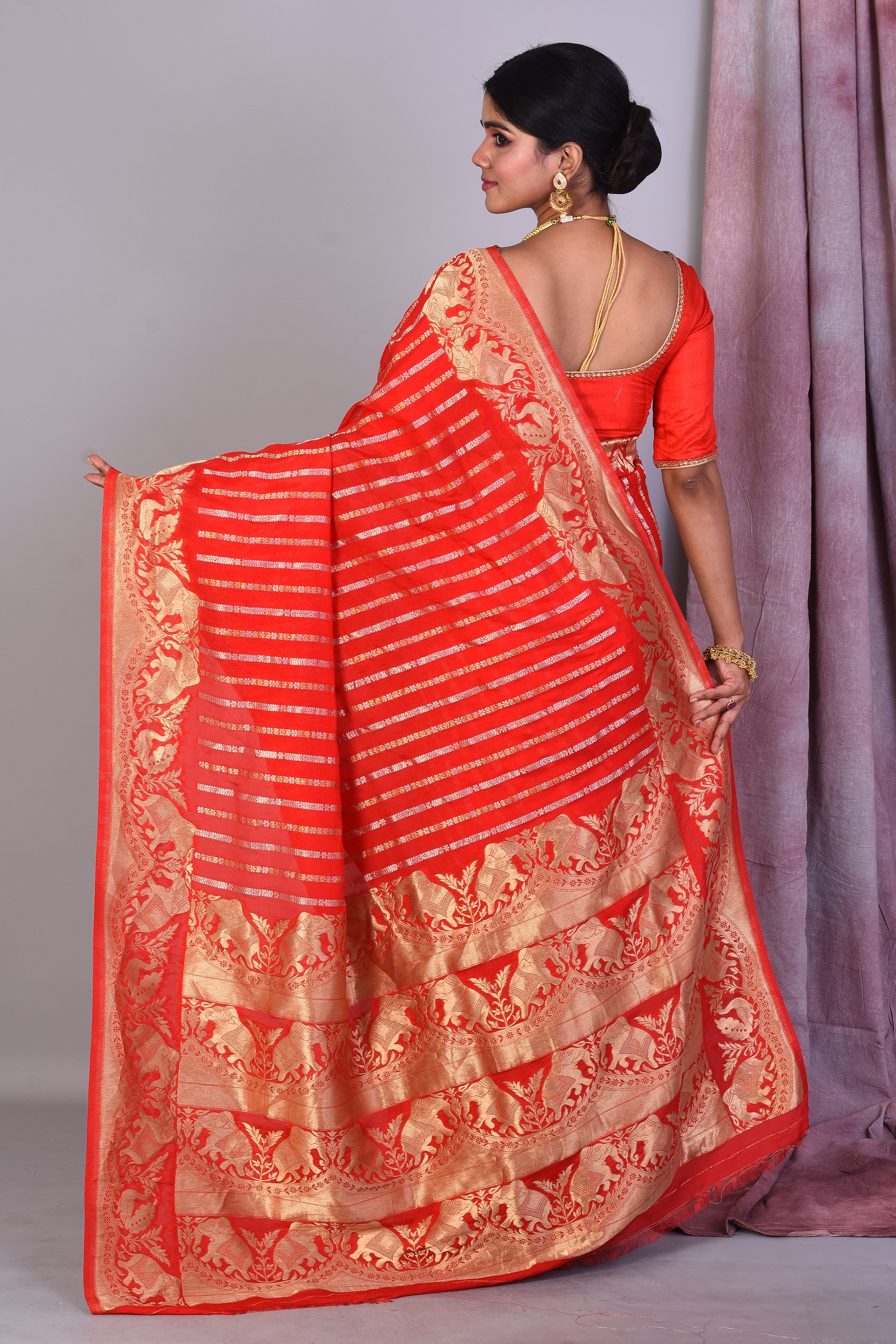 Red Blended Cotton Saree with Golden Zari - Keya Seth Exclusive