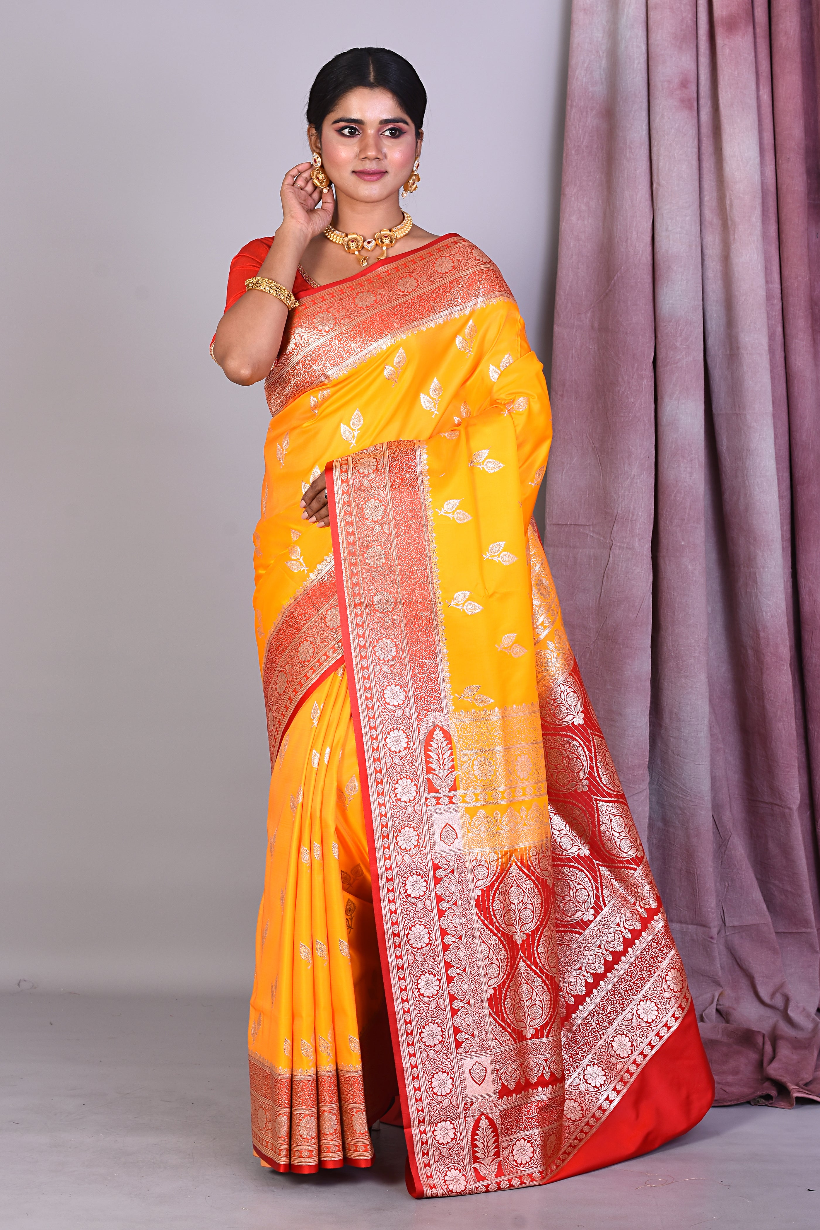 Yellow Semi Katan Saree with Red Borders - Keya Seth Exclusive