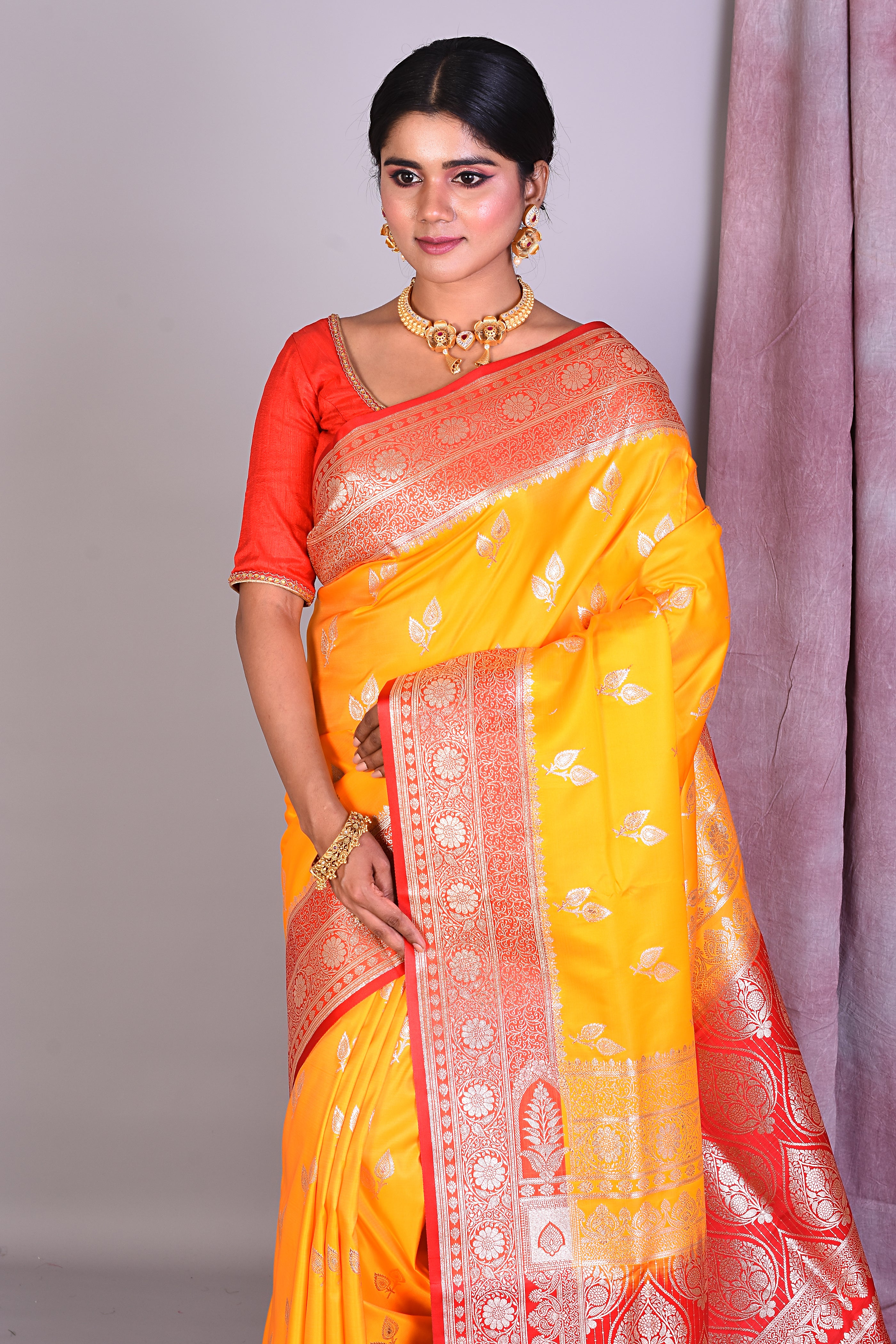 Yellow Semi Katan Saree with Red Borders - Keya Seth Exclusive