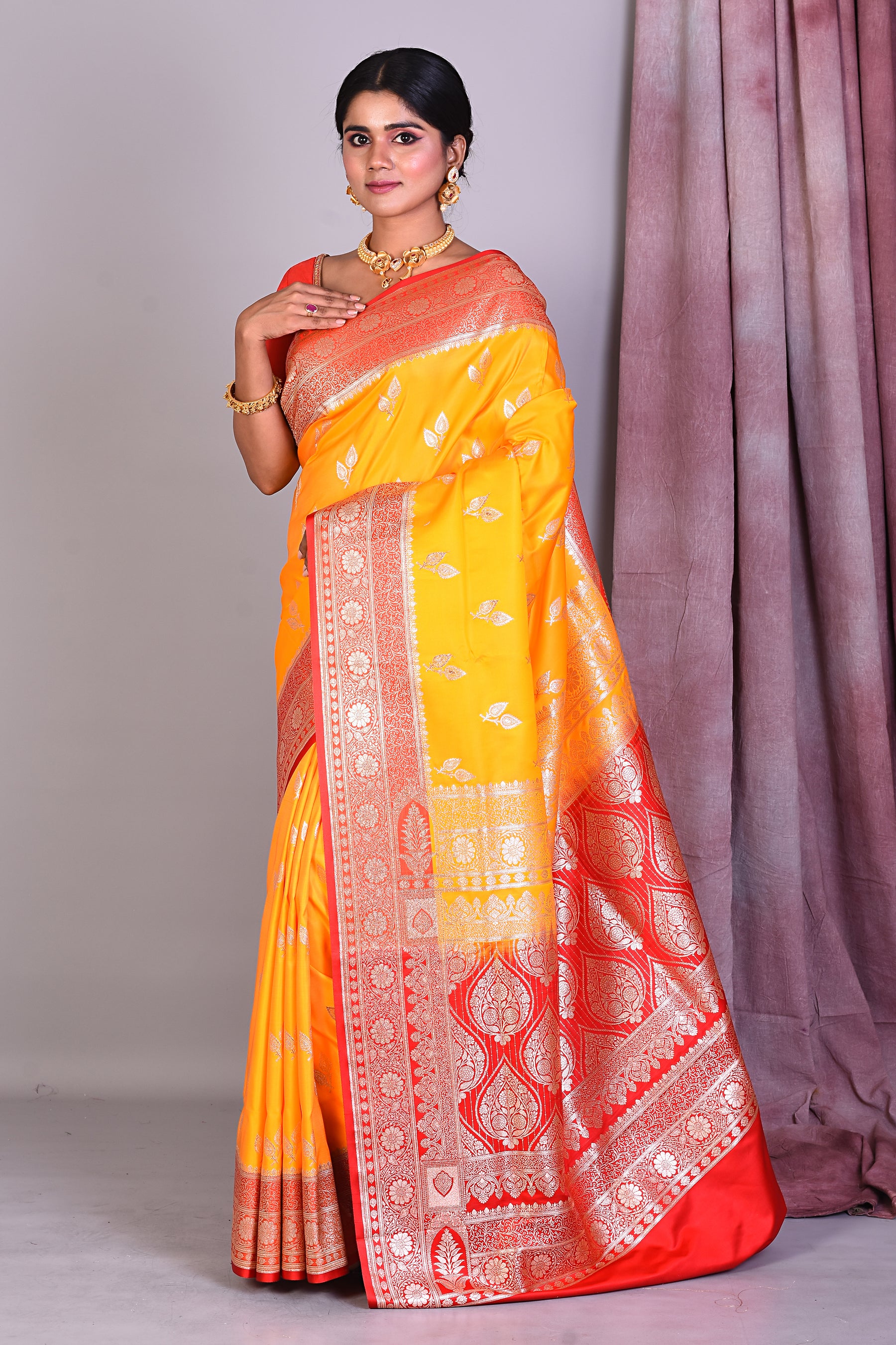 Yellow Semi Katan Saree with Red Borders - Keya Seth Exclusive