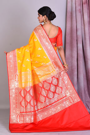 Yellow Semi Katan Saree with Red Borders - Keya Seth Exclusive