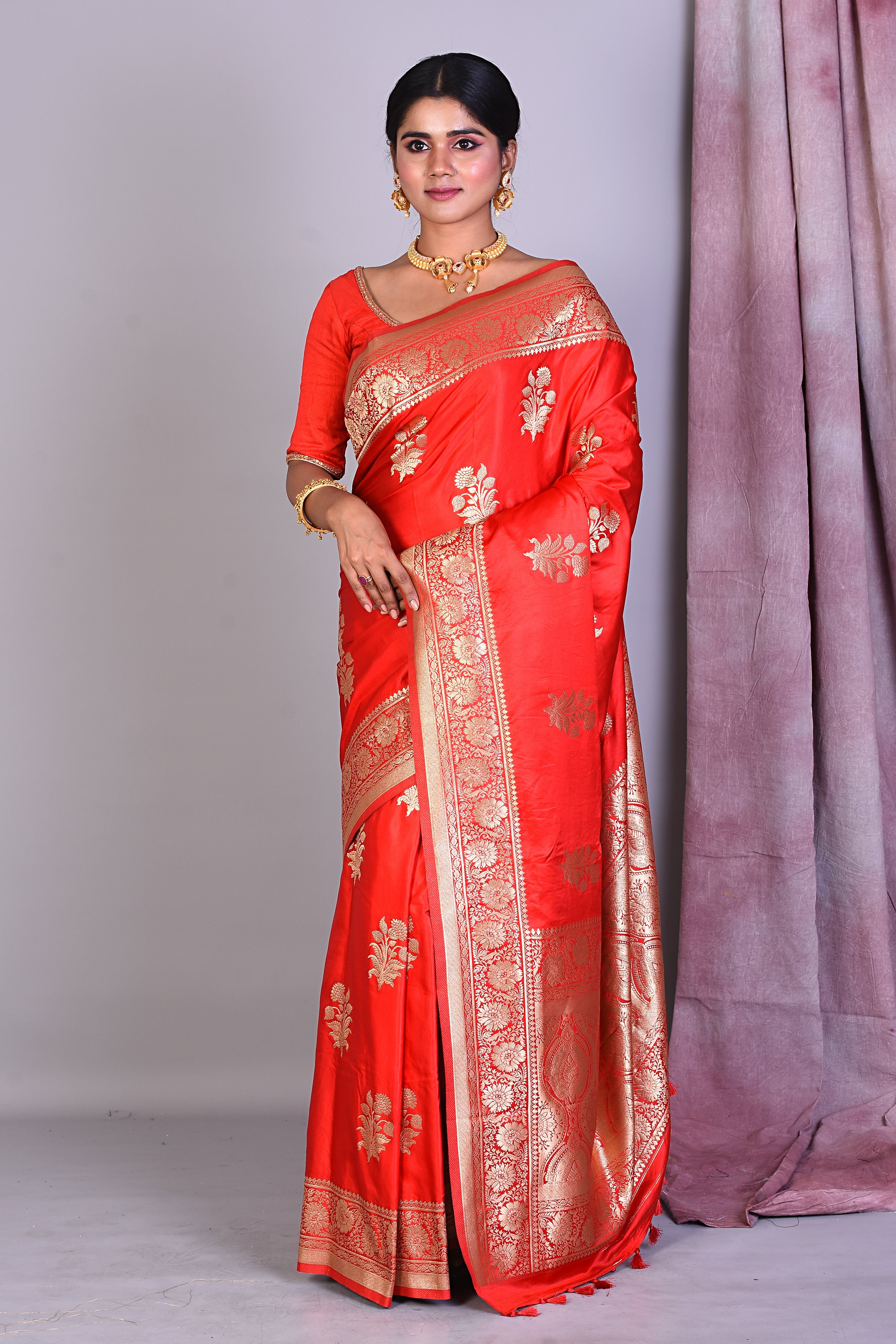 Red Blended Satin Silk Saree with Golden Zari - Keya Seth Exclusive