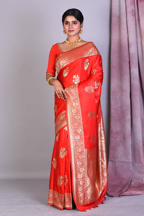 Red Blended Satin Silk Saree with Golden Zari - Keya Seth Exclusive