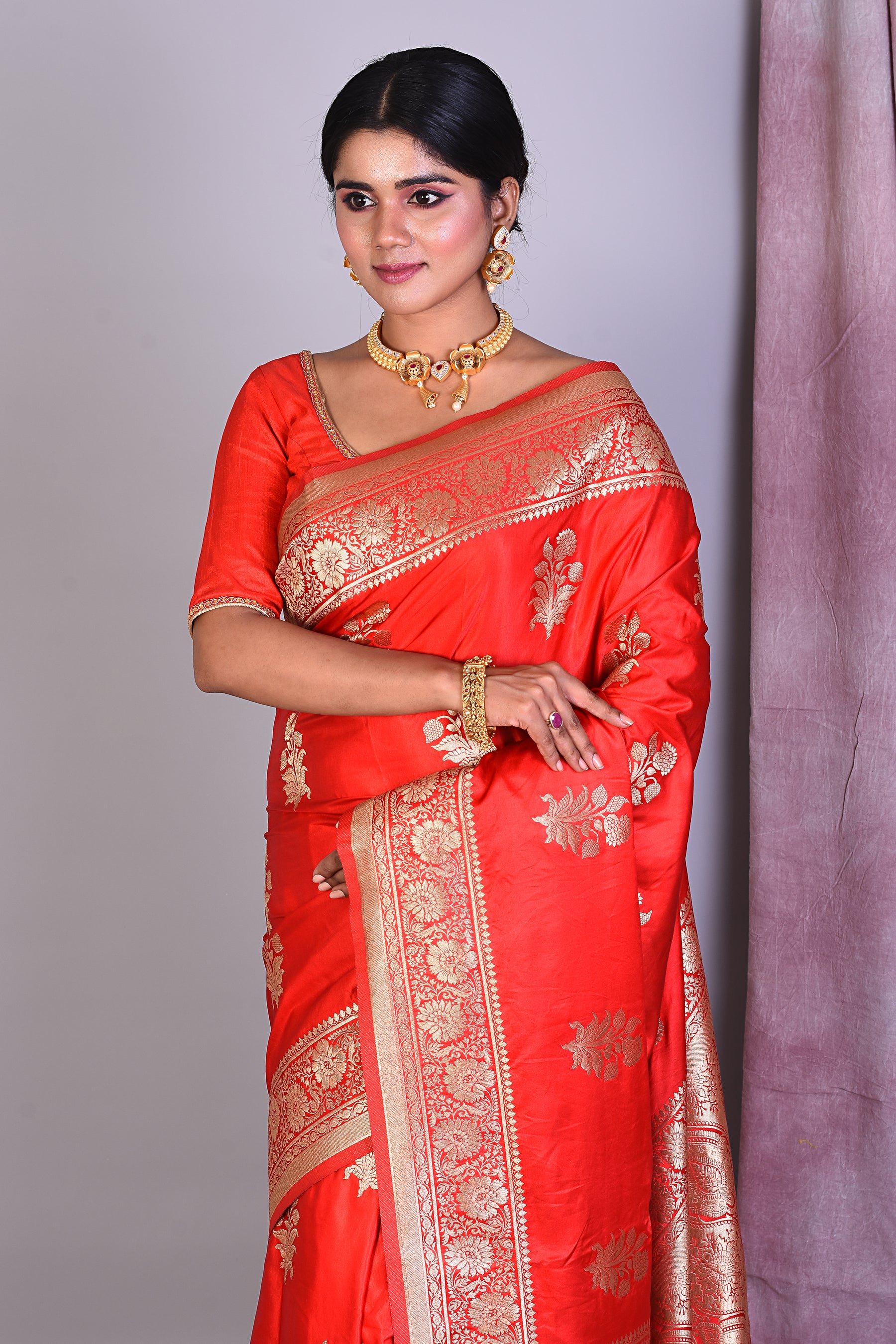 Red Blended Satin Silk Saree with Golden Zari - Keya Seth Exclusive