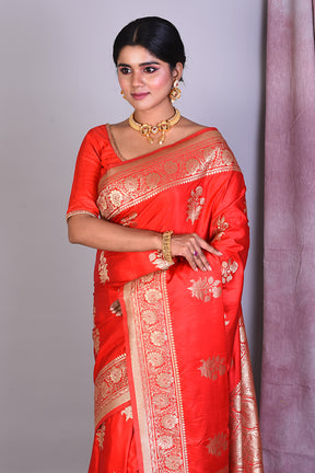 Red Blended Satin Silk Saree with Golden Zari - Keya Seth Exclusive