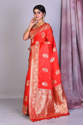 Red Blended Satin Silk Saree with Golden Zari - Keya Seth Exclusive