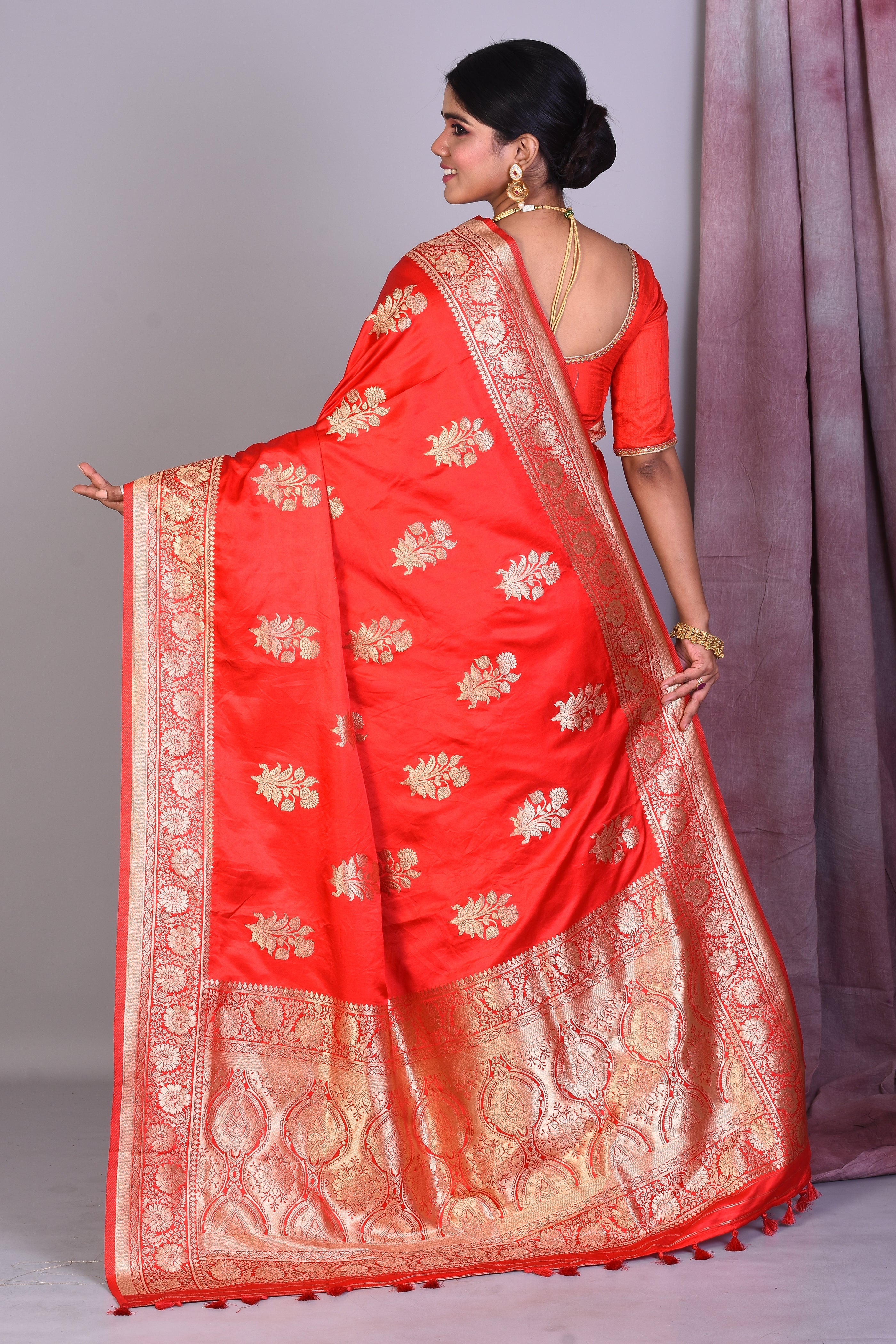 Red Blended Satin Silk Saree with Golden Zari - Keya Seth Exclusive